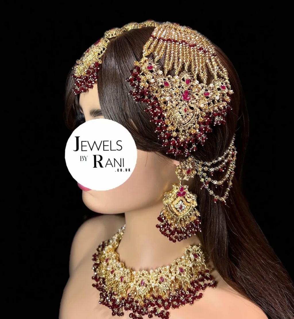 Beautiful Gold & Maroon Pakistani Bridal set, with heavily beaded earrings & tikka. - Jewelsbyrani