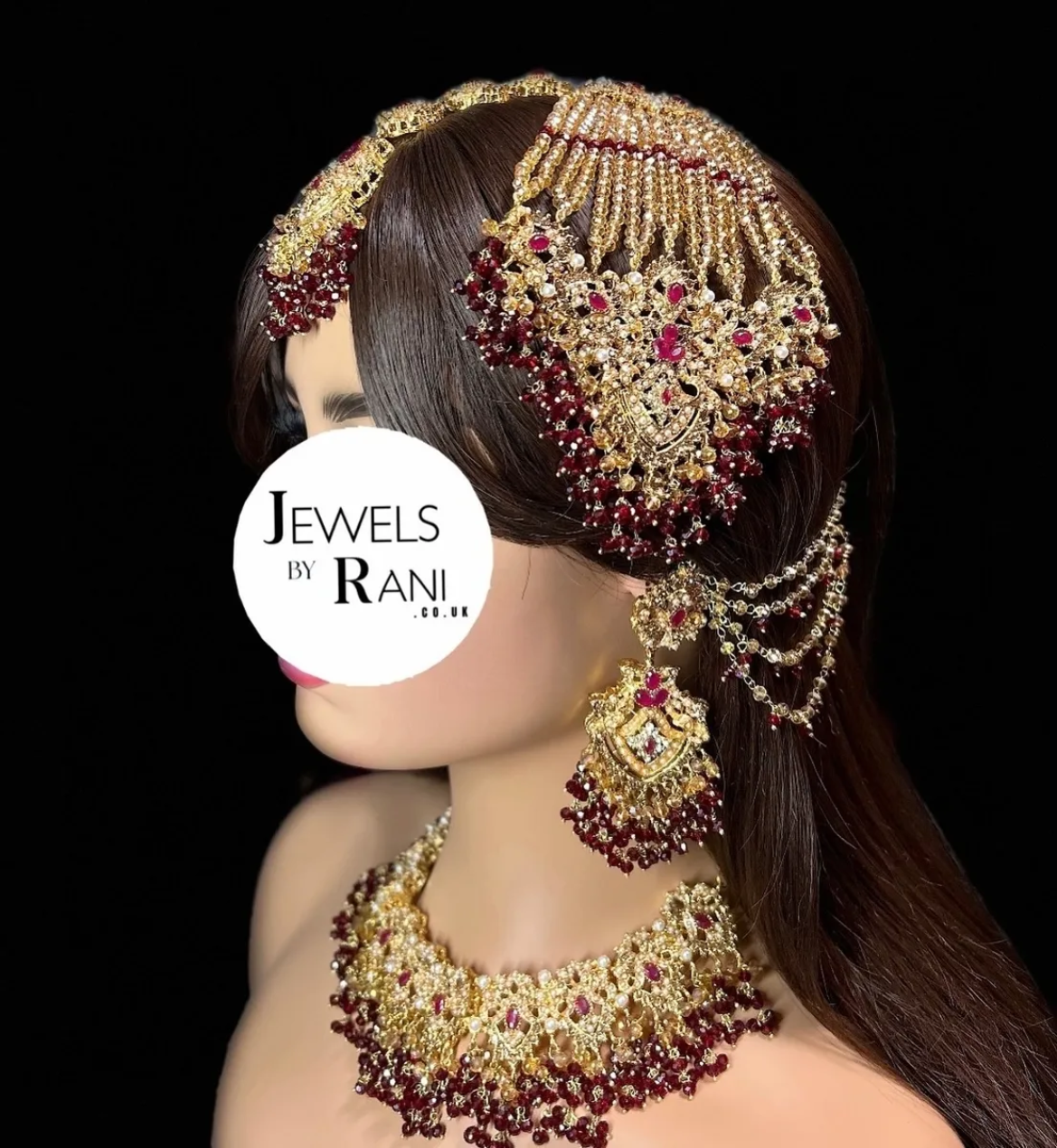 Beautiful Gold & Maroon Pakistani Bridal set, with heavily beaded earrings & tikka. - Jewelsbyrani