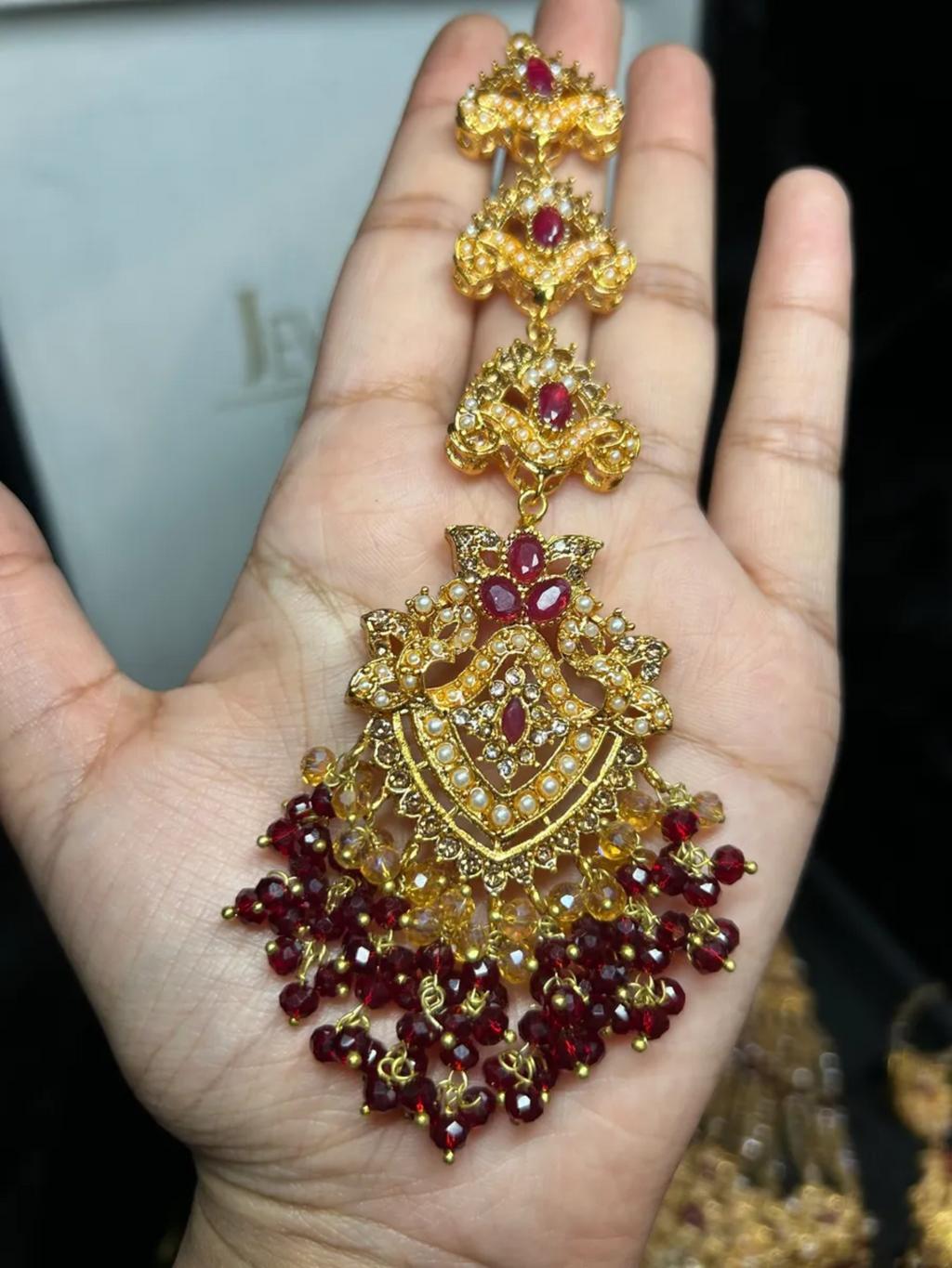 Beautiful Gold & Maroon Pakistani Bridal set, with heavily beaded earrings & tikka. - Jewelsbyrani
