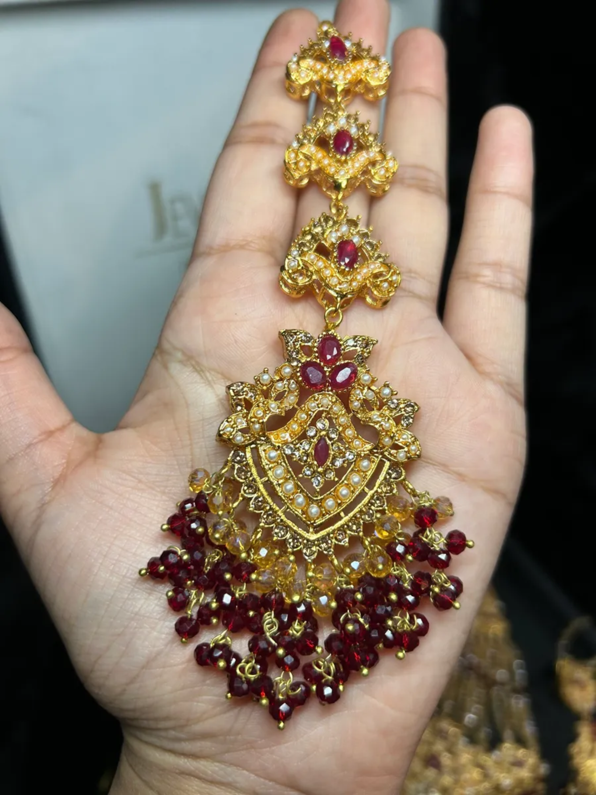 Beautiful Gold & Maroon Pakistani Bridal set, with heavily beaded earrings & tikka. - Jewelsbyrani