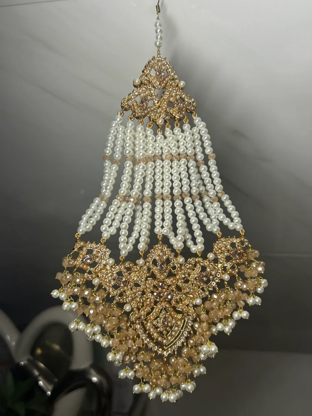 Ivory/gold & White Multi Coloured heavily beaded jhumar - Jewelsbyrani