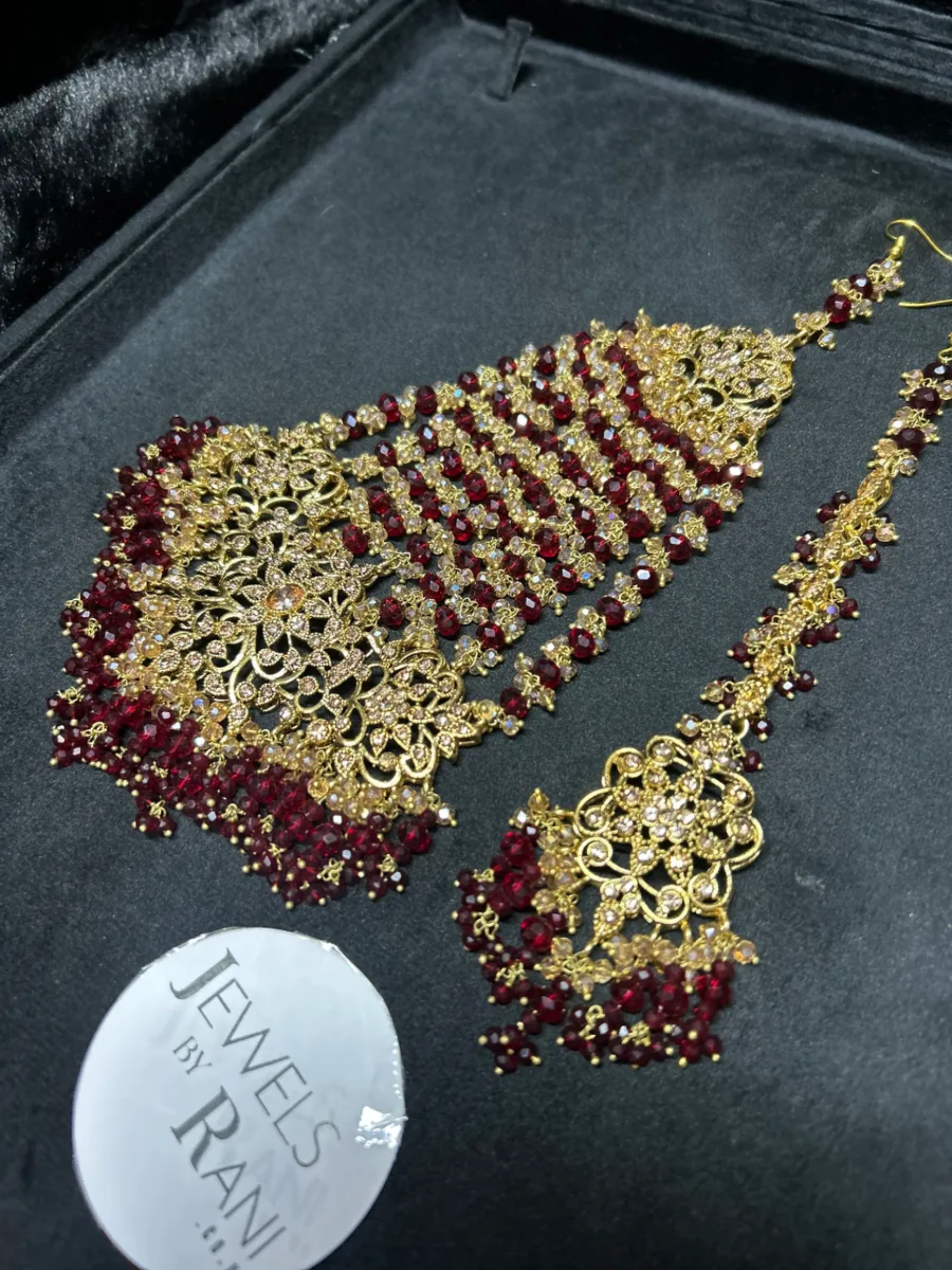 24 crt Gold plated Bridal Maroon & Gold Jhumar & Tikka (Custom nose ring can be added)