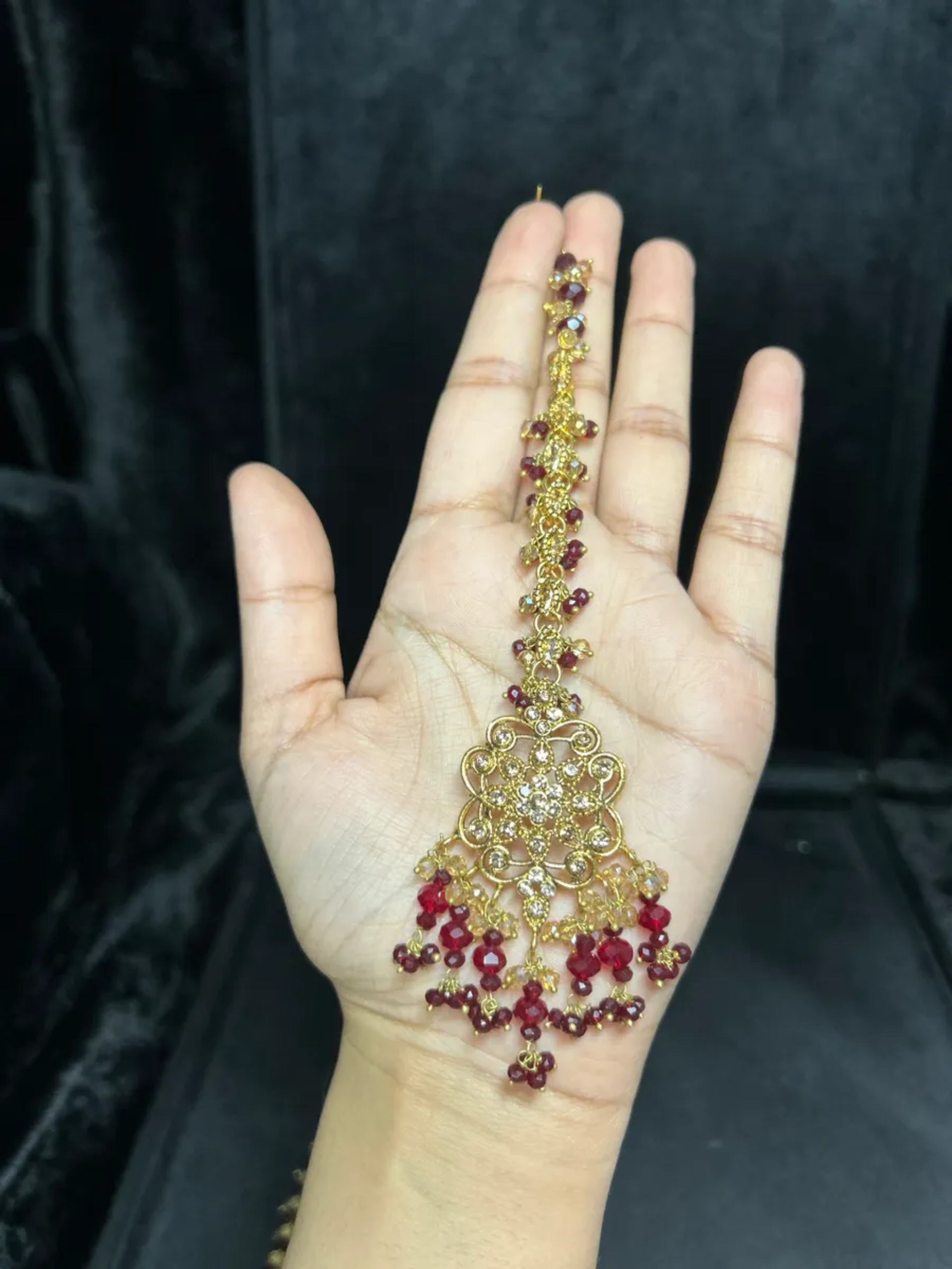 24 crt Gold plated Bridal Maroon & Gold Jhumar & Tikka (Custom nose ring can be added)