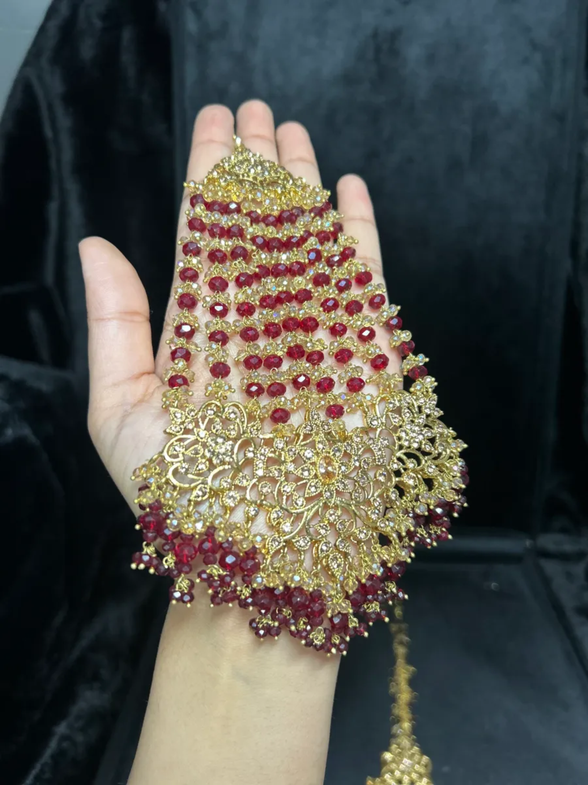 24 crt Gold plated Bridal Maroon & Gold Jhumar & Tikka (Custom nose ring can be added)