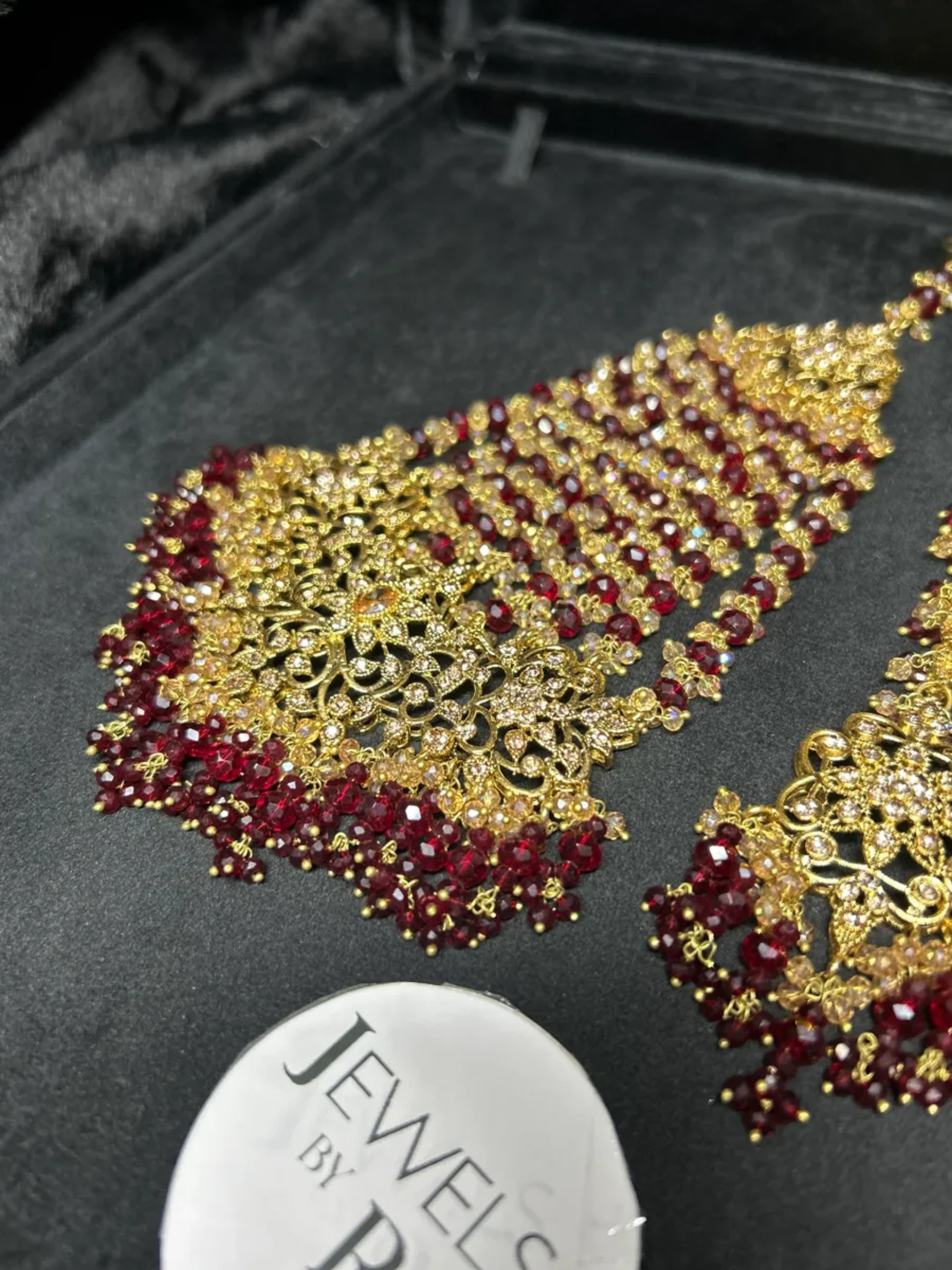 24 crt Gold plated Bridal Maroon & Gold Jhumar & Tikka (Custom nose ring can be added)