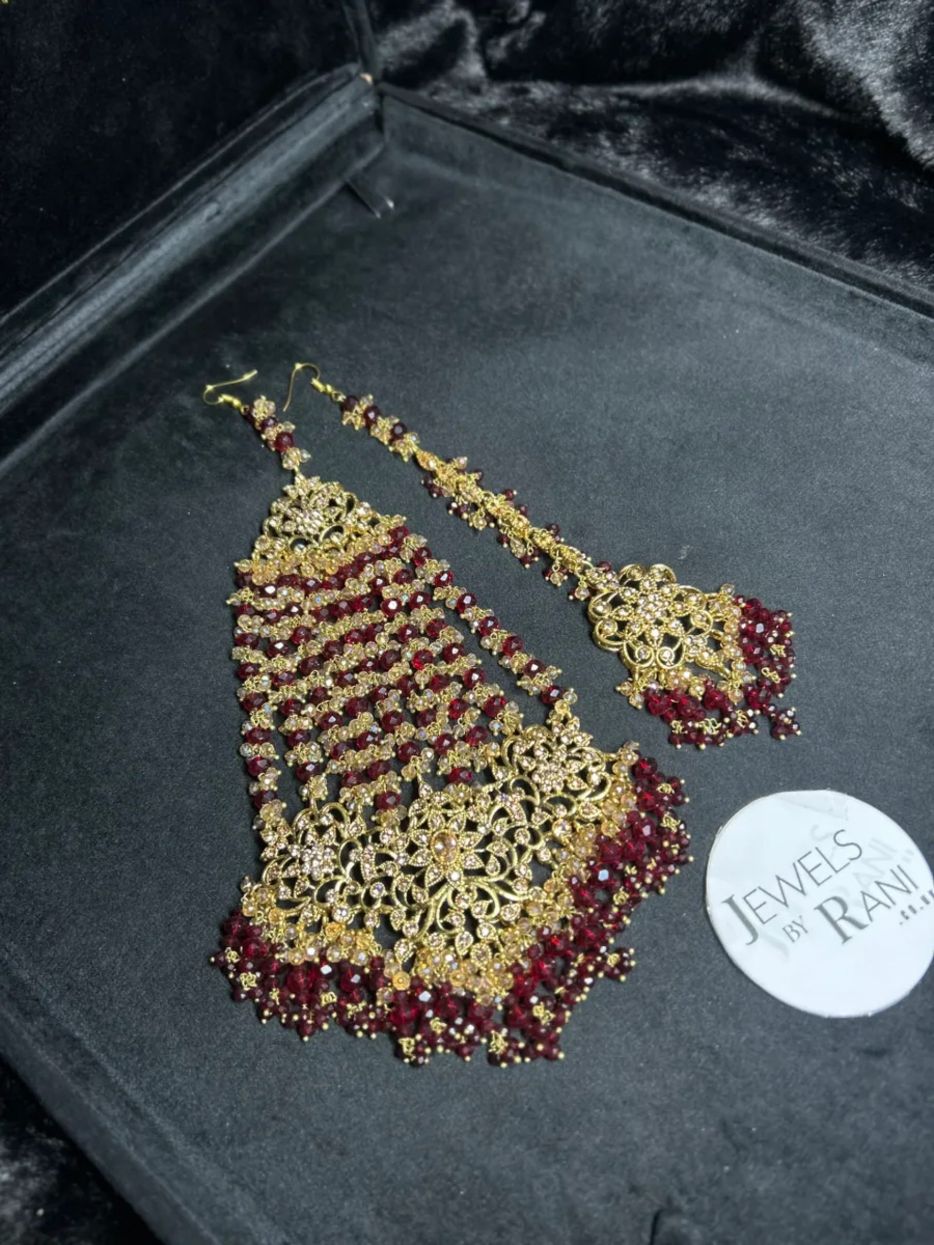 24 crt Gold plated Bridal Maroon & Gold Jhumar & Tikka (Custom nose ring can be added)