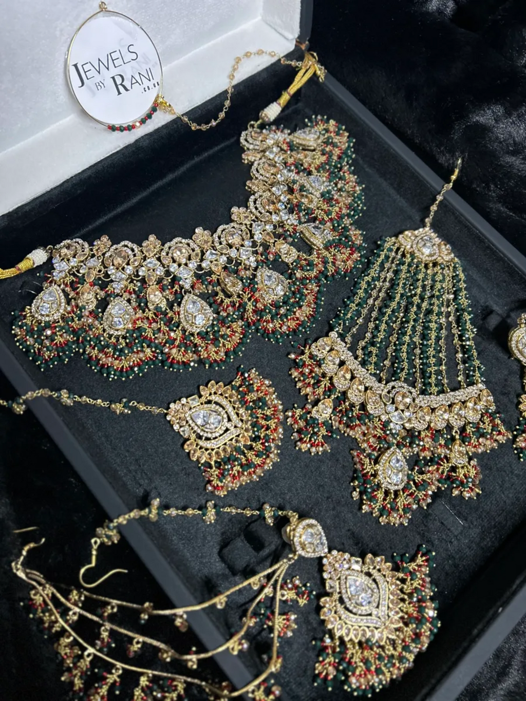PRE ORDER: 6 Week Making time- Green, Red & Gold 24 crt Gold Plated Bridal Jewellery Set - Jewelsbyrani