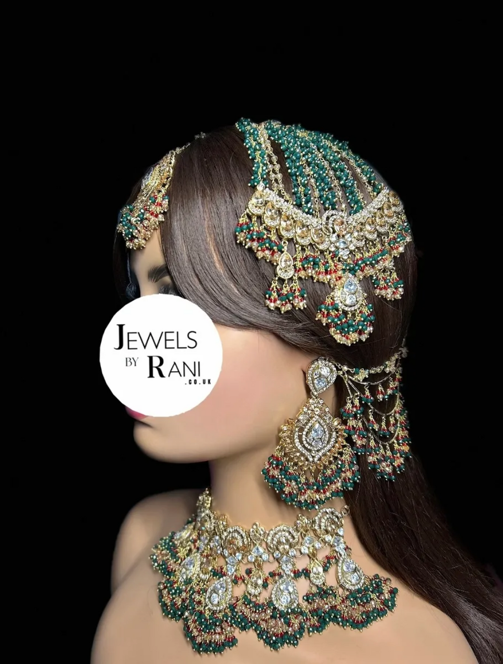 PRE ORDER: 6 Week Making time- Green, Red & Gold 24 crt Gold Plated Bridal Jewellery Set - Jewelsbyrani
