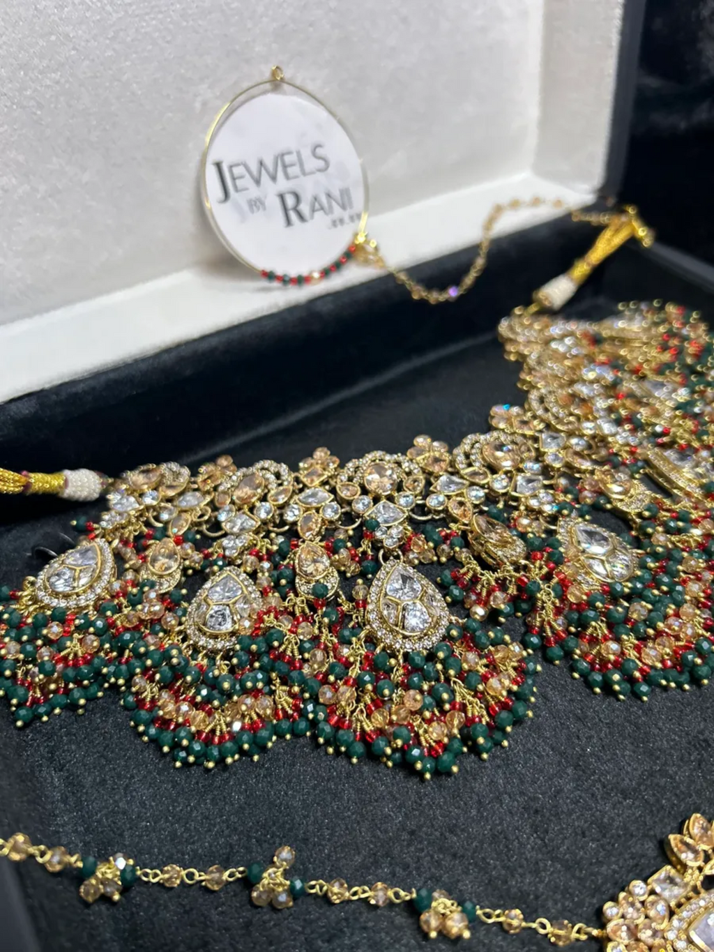 PRE ORDER: 6 Week Making time- Green, Red & Gold 24 crt Gold Plated Bridal Jewellery Set - Jewelsbyrani