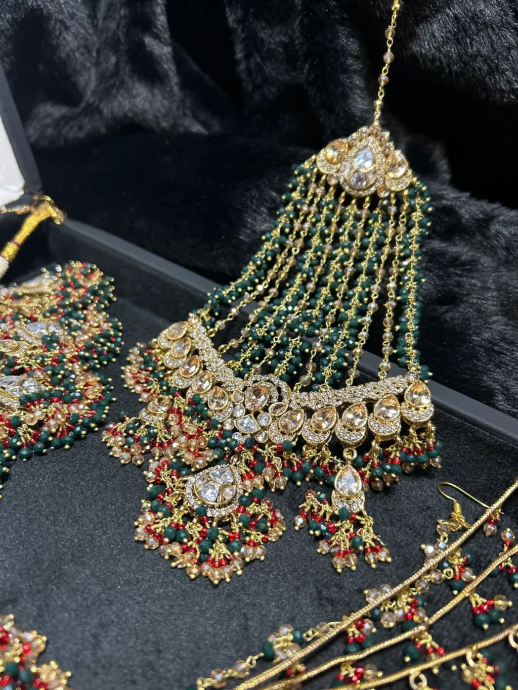 PRE ORDER: 6 Week Making time- Green, Red & Gold 24 crt Gold Plated Bridal Jewellery Set - Jewelsbyrani