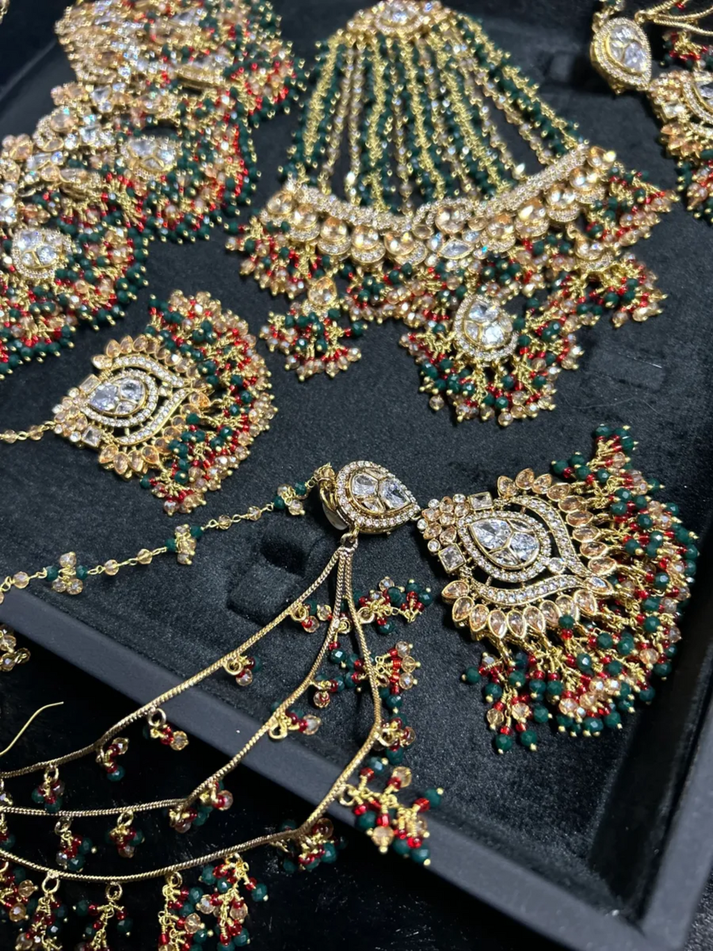 PRE ORDER: 6 Week Making time- Green, Red & Gold 24 crt Gold Plated Bridal Jewellery Set - Jewelsbyrani