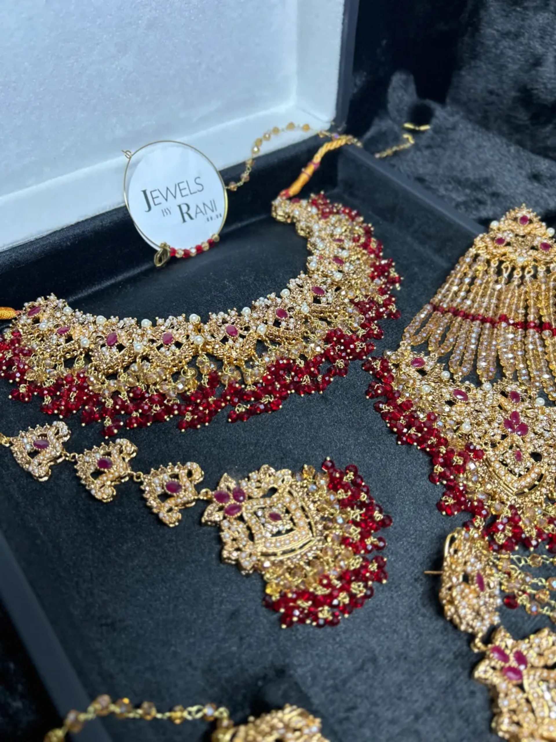 Beautiful Gold & Deep Red Bridal Jewellery set, with heavily beaded earrings & tikka - Jewelsbyrani