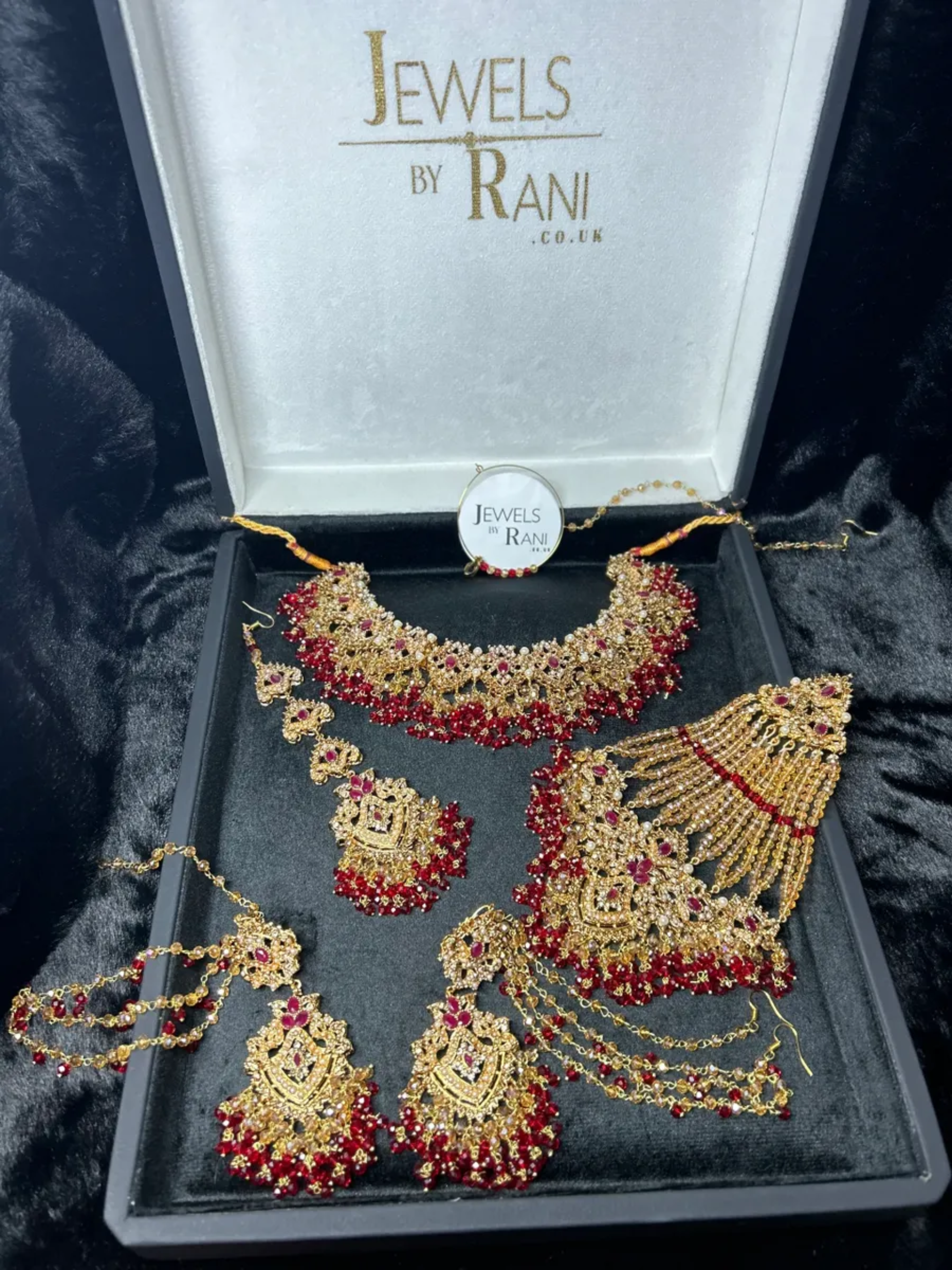 Beautiful Gold & Deep Red Bridal Jewellery set, with heavily beaded earrings & tikka - Jewelsbyrani