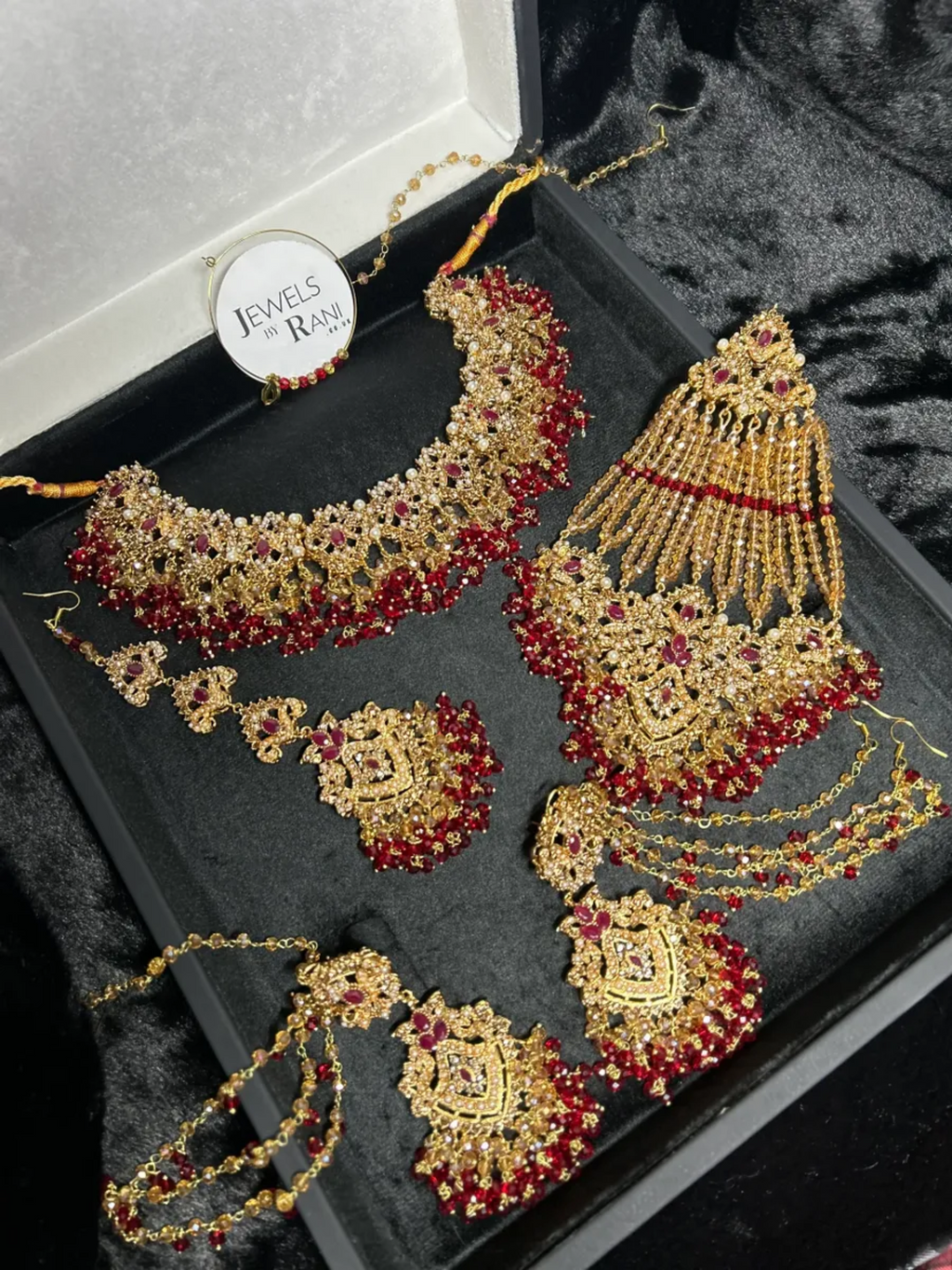 Beautiful Gold & Deep Red Bridal Jewellery set, with heavily beaded earrings & tikka - Jewelsbyrani