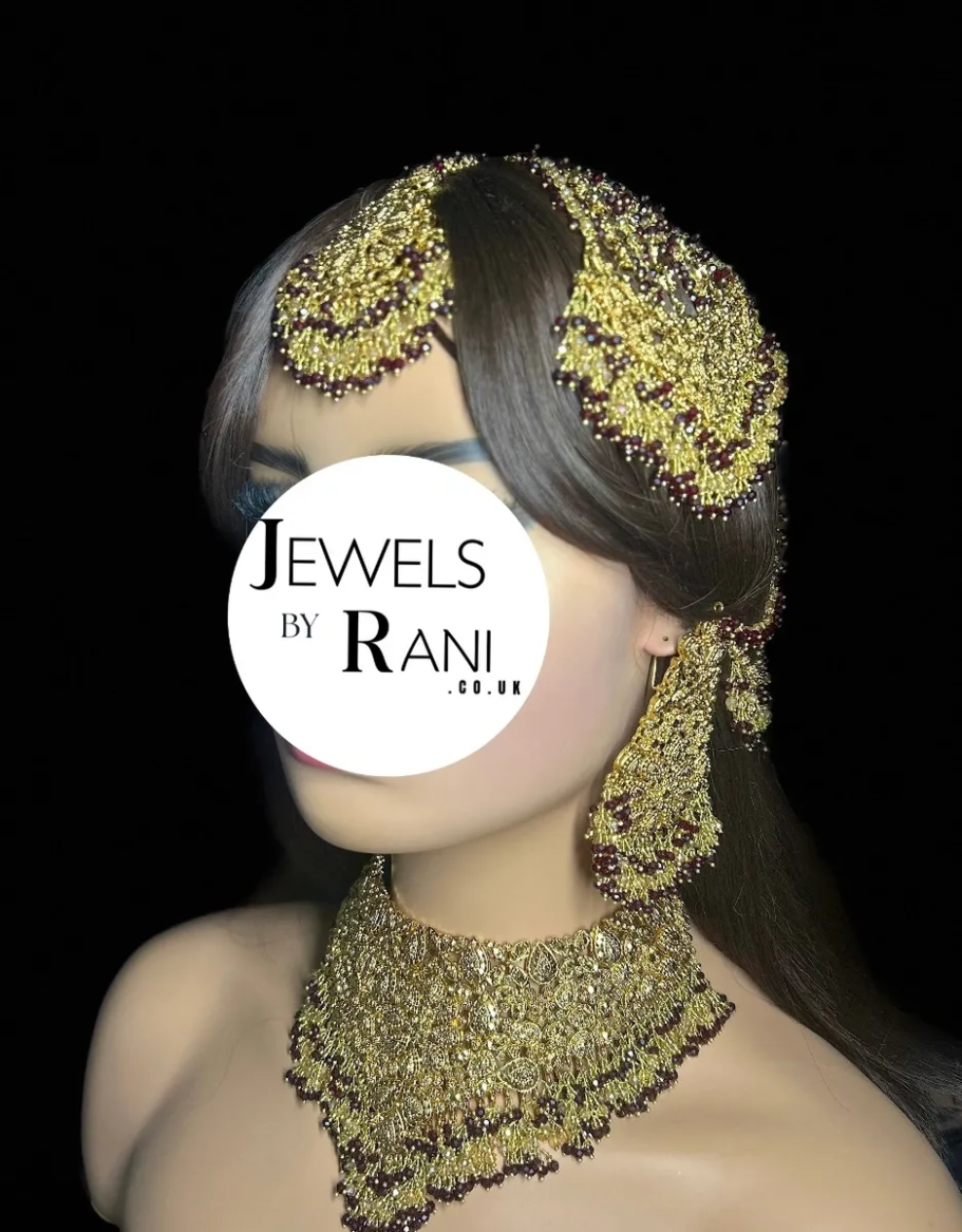 Style 3 Maroon & Gold 24 crt Gold Plated Bridal Jewellery Set -Earrings - Jewelsbyrani
