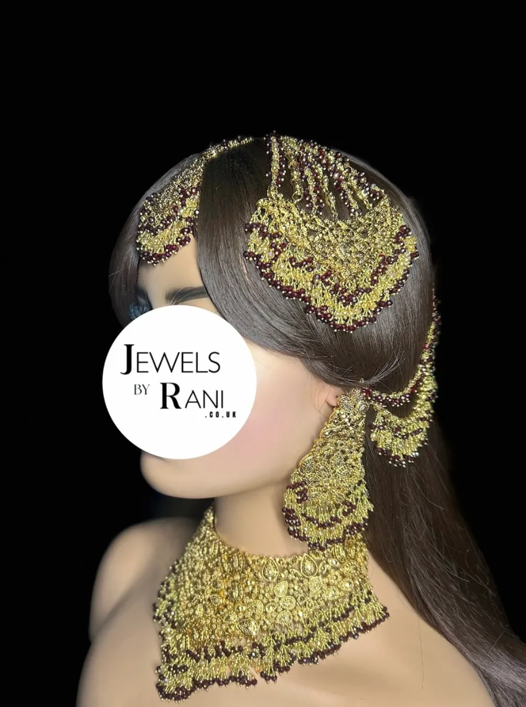 Style 3 Maroon & Gold 24 crt Gold Plated Bridal Jewellery Set -Earrings - Jewelsbyrani