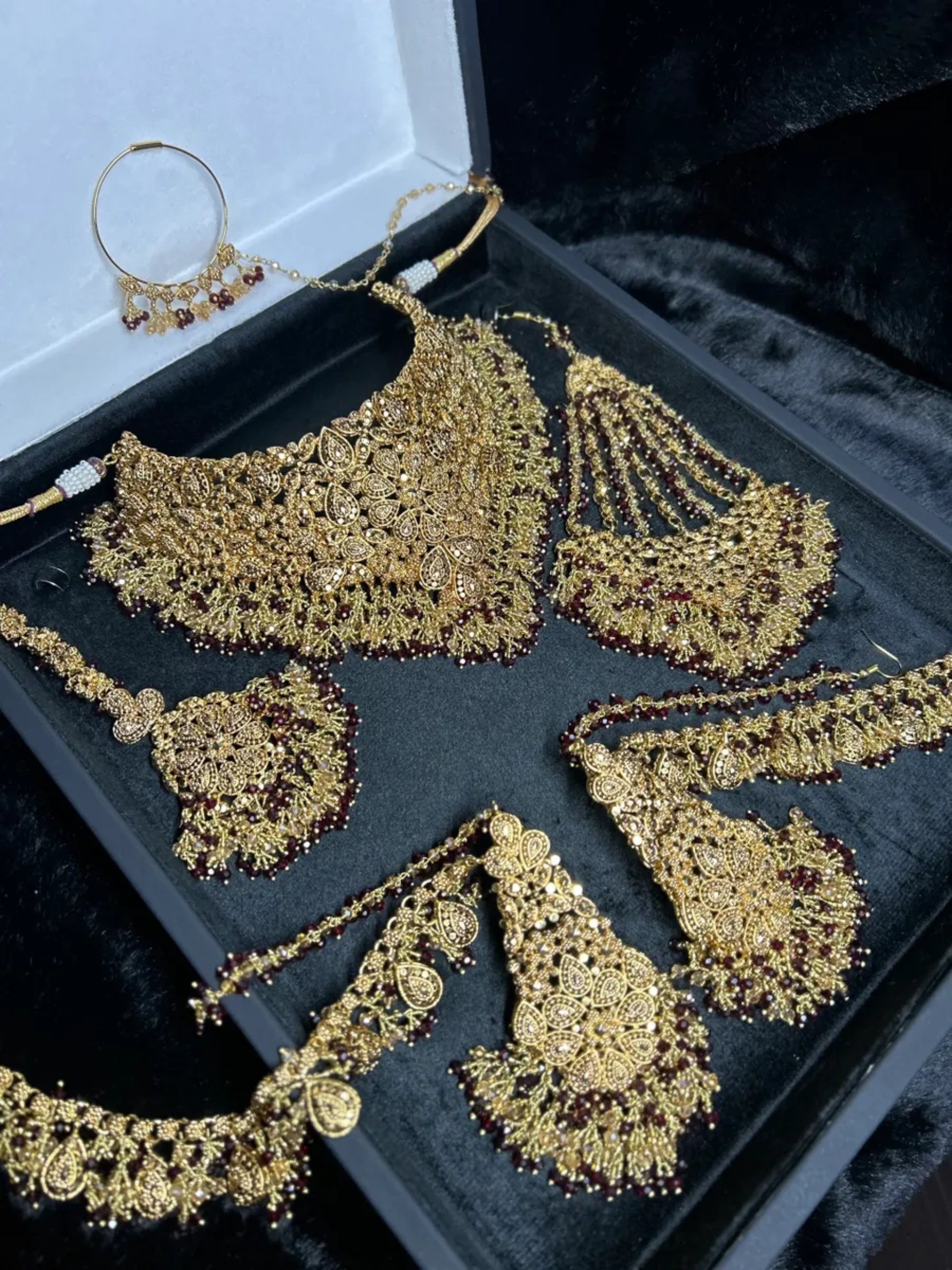 Style 3 Maroon & Gold 24 crt Gold Plated Bridal Jewellery Set -Earrings - Jewelsbyrani