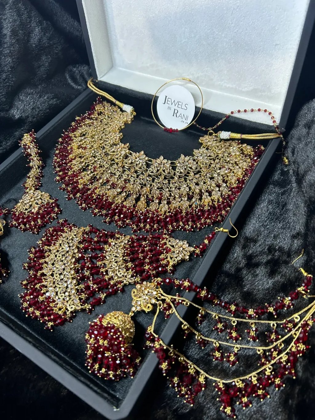 PRE ORDER: 6 Week Making time- Larger Stylish Maroon 24crt Gold Plated Bridal Jewellery Set - Jewelsbyrani