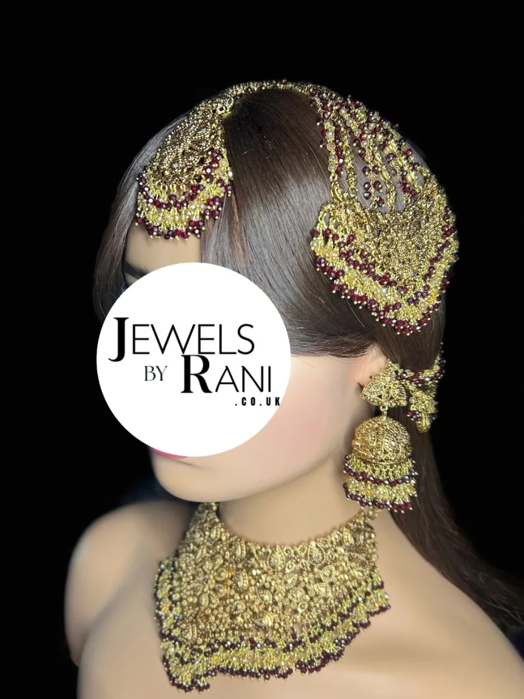 Style 1 Maroon & Gold 24 crt Gold Plated Bridal Jewellery Set - Jewelsbyrani