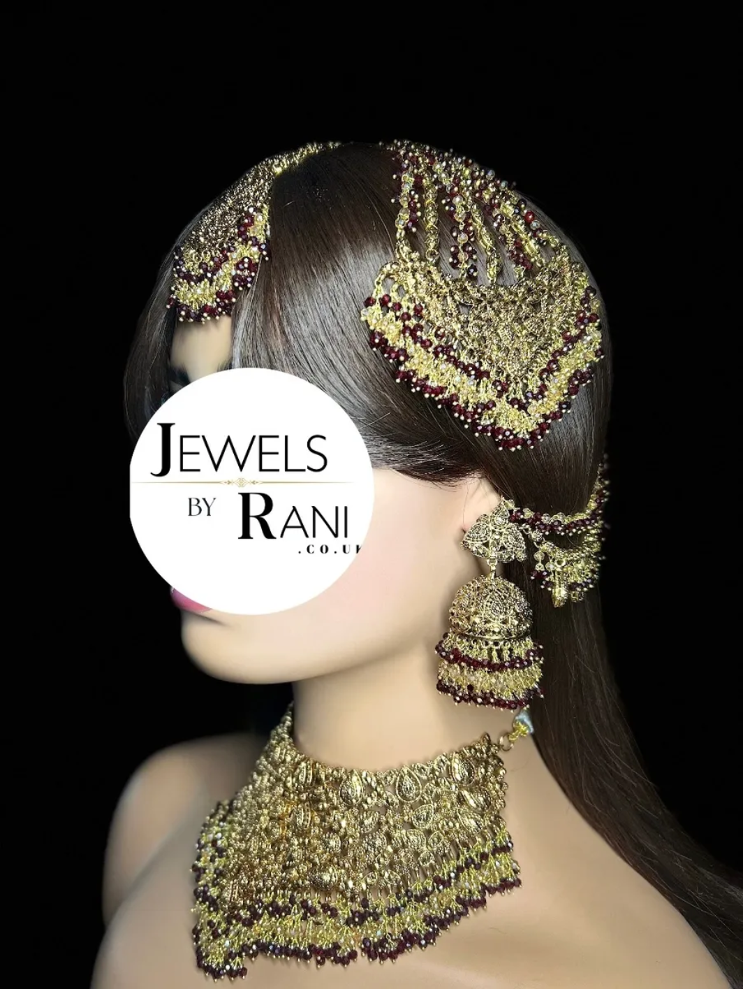 Style 1 Maroon & Gold 24 crt Gold Plated Bridal Jewellery Set - Jewelsbyrani