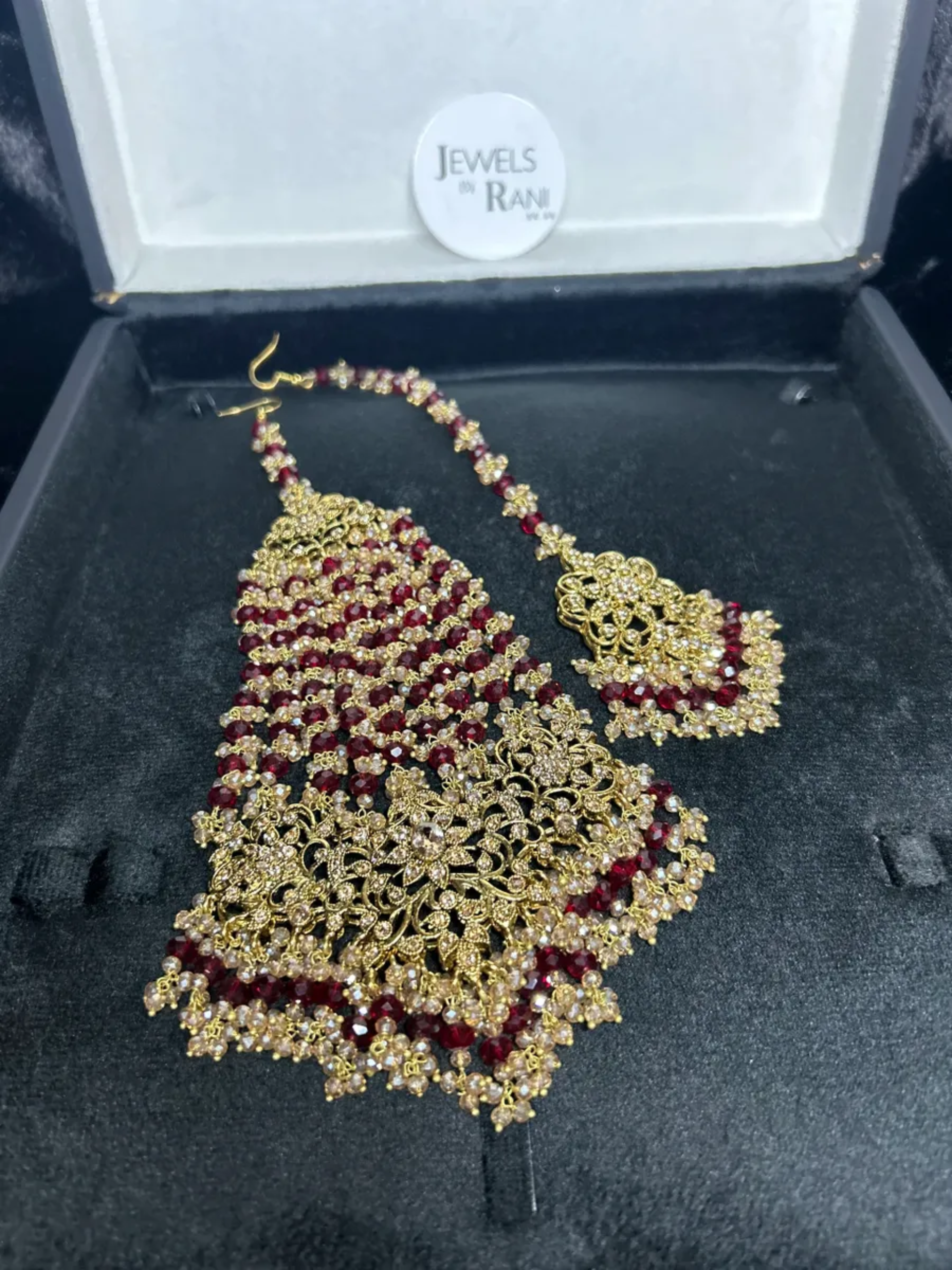 24 crt Gold plated Bridal Maroon & Gold Jhumar & Tikka (Custom nose ring can be added)