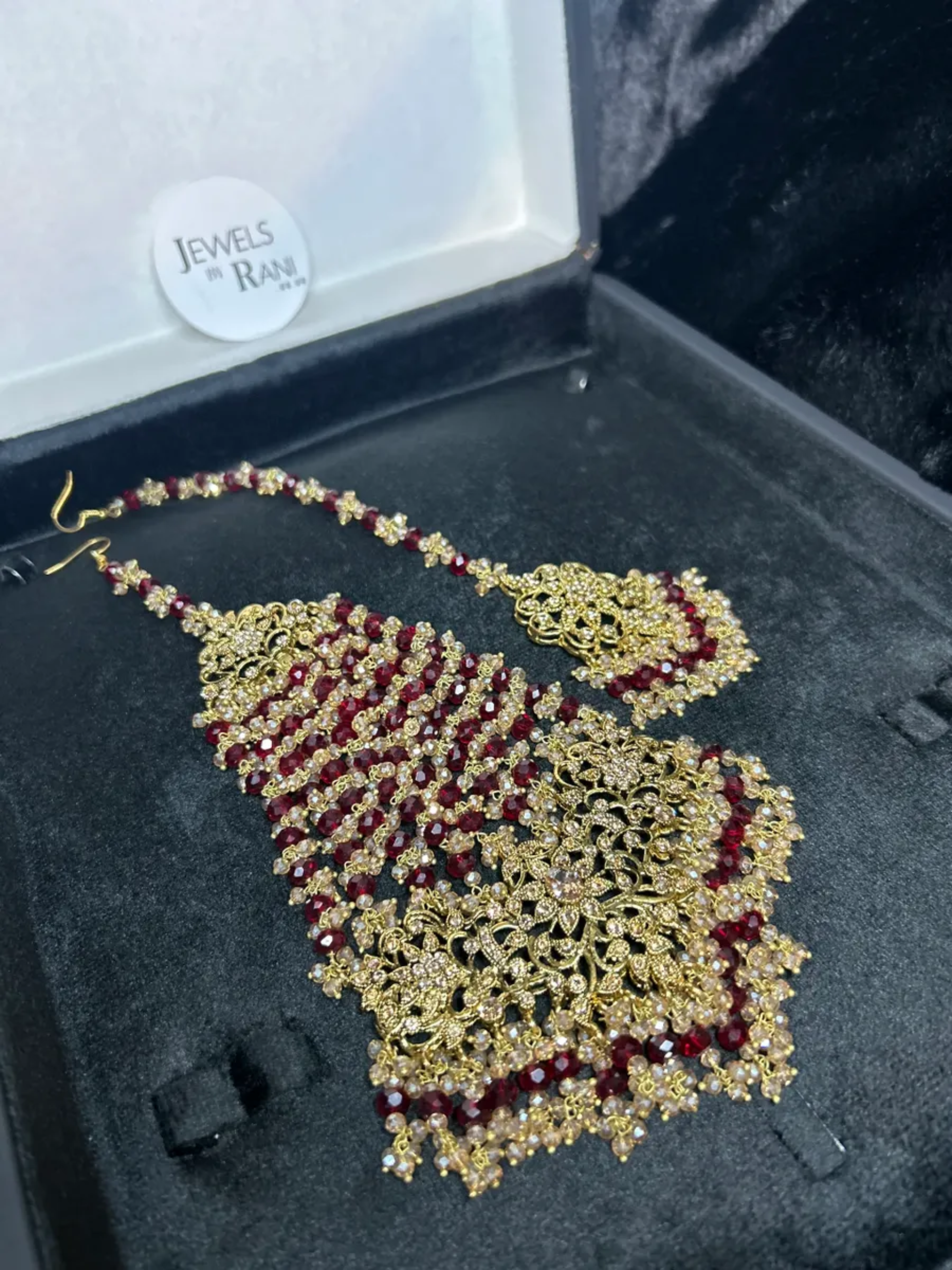 24 crt Gold plated Bridal Maroon & Gold Jhumar & Tikka (Custom nose ring can be added)