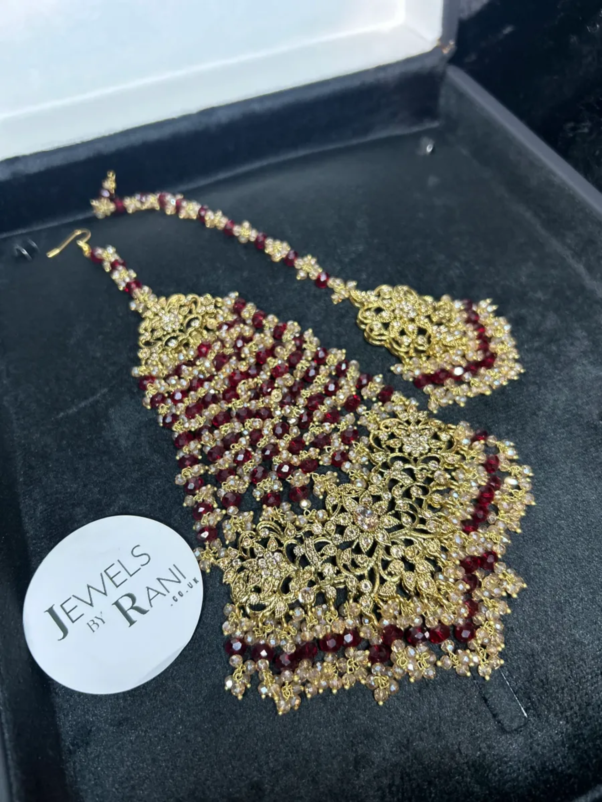 24 crt Gold plated Bridal Maroon & Gold Jhumar & Tikka (Custom nose ring can be added)