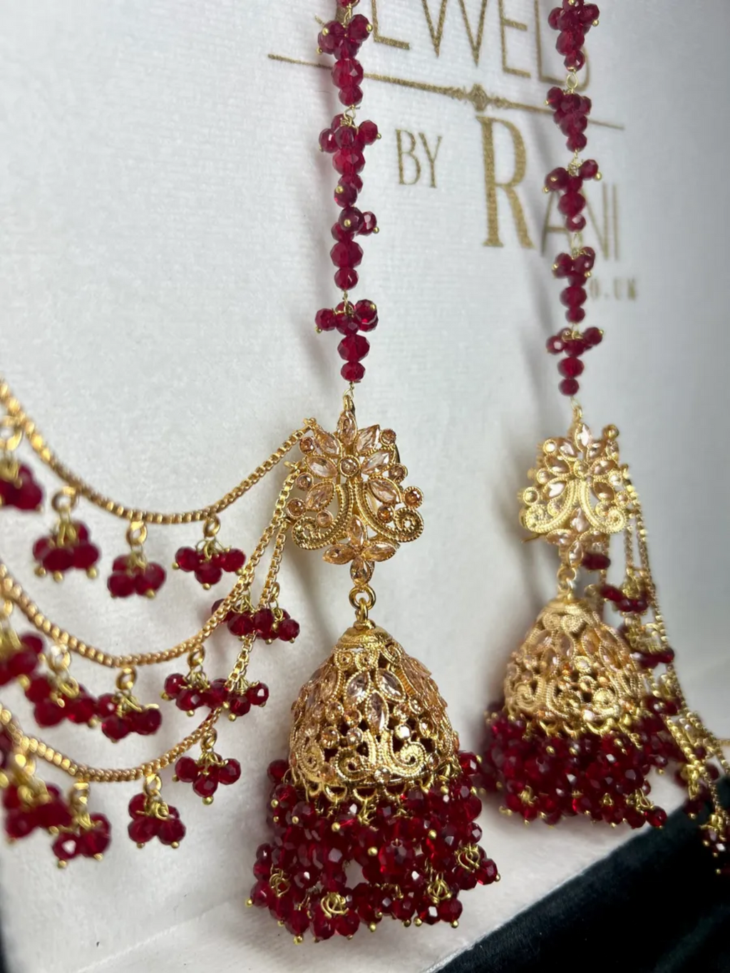 Gold & Deep Red Bridal Jhumkies - Jewelsbyrani