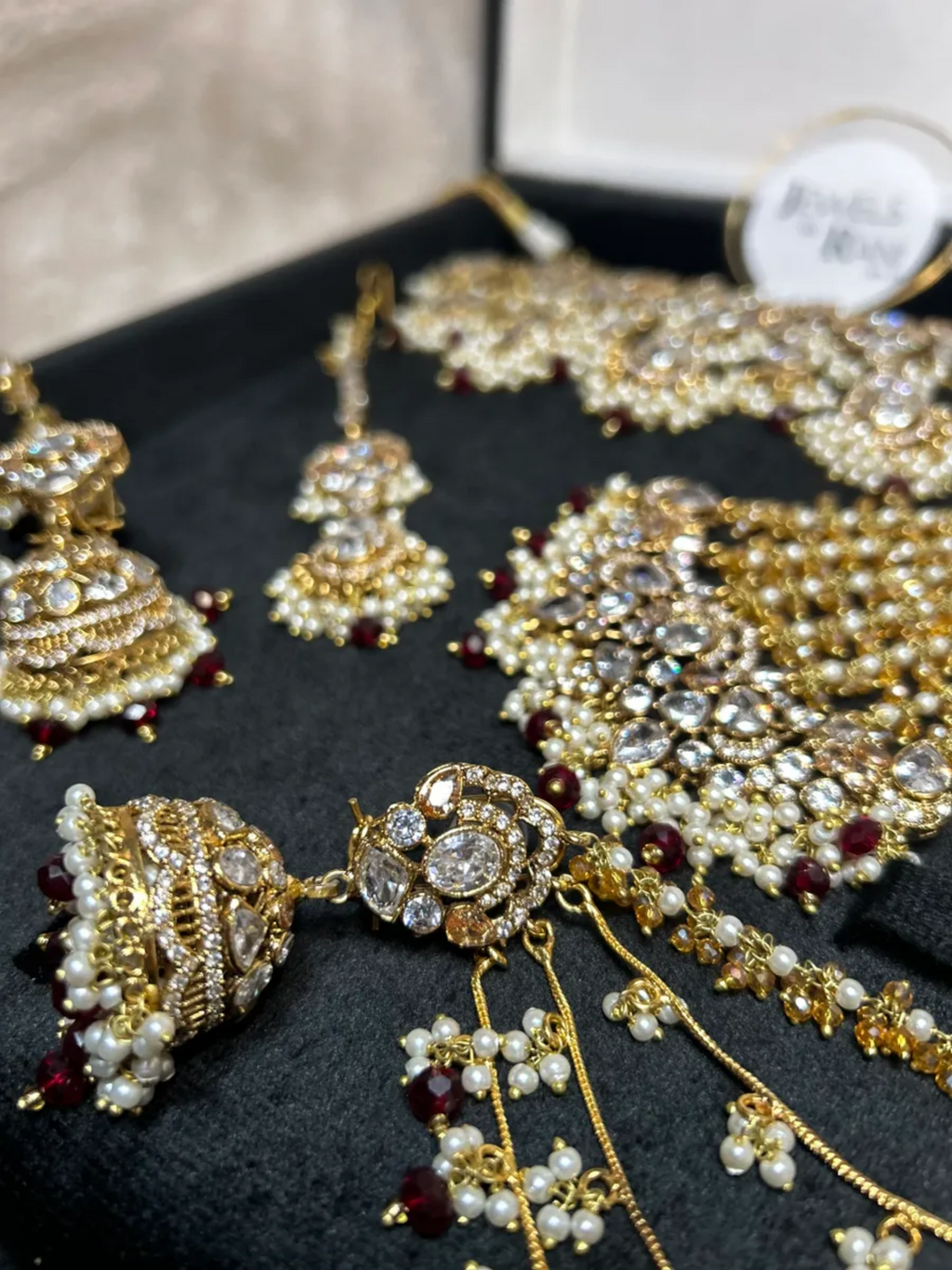Pre Order 6 Weeks - Beautiful Maroon, Pearly White & Gold 24 crt Gold Plated Bridal Jewellery Set - Jewelsbyrani