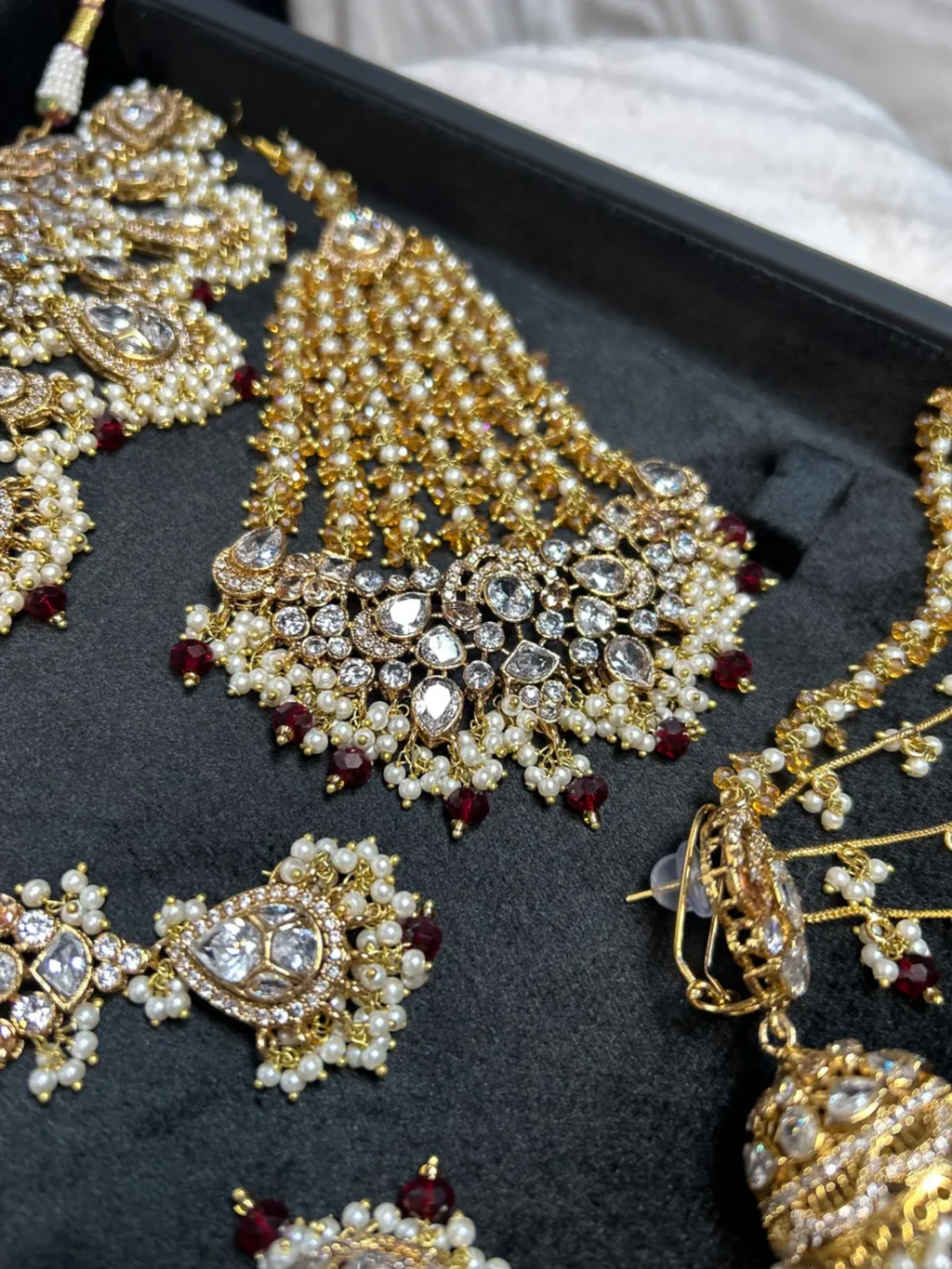 Pre Order 6 Weeks - Beautiful Maroon, Pearly White & Gold 24 crt Gold Plated Bridal Jewellery Set - Jewelsbyrani