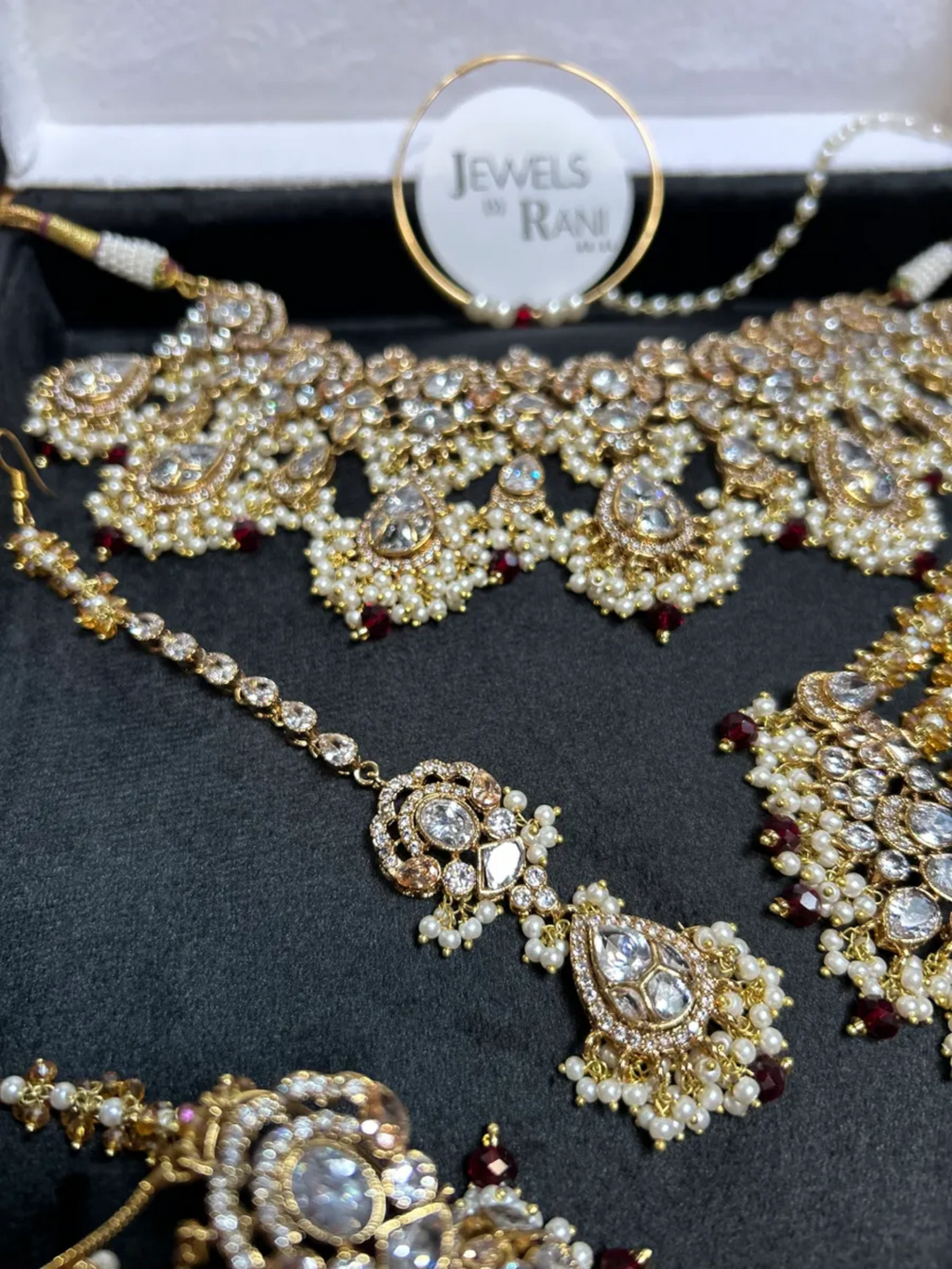 Pre Order 6 Weeks - Beautiful Maroon, Pearly White & Gold 24 crt Gold Plated Bridal Jewellery Set - Jewelsbyrani