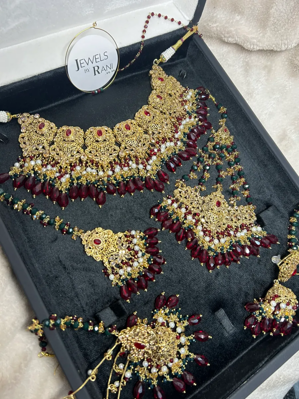 Maroon, Green, White & Gold 24 crt Gold Plated Bridal Jewellery Set - Jewelsbyrani