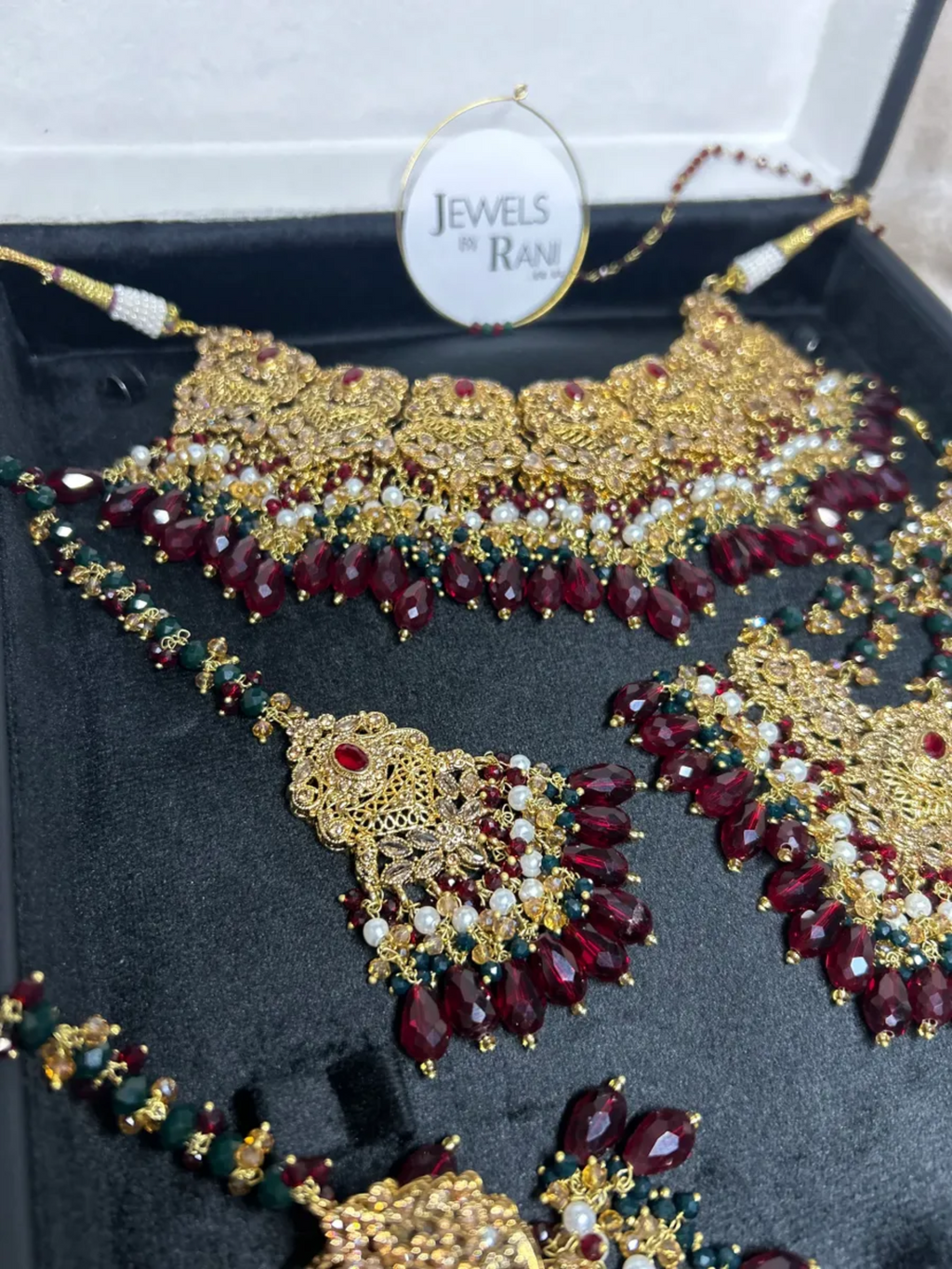 Maroon, Green, White & Gold 24 crt Gold Plated Bridal Jewellery Set - Jewelsbyrani