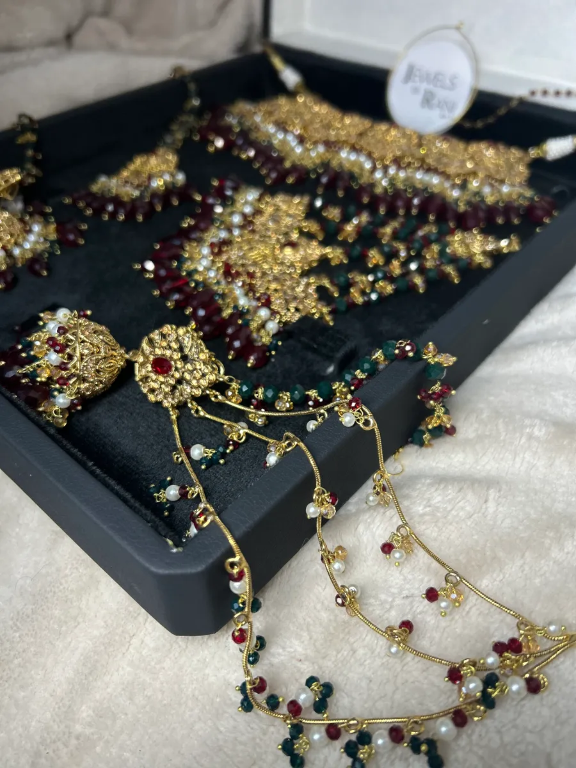 Maroon, Green, White & Gold 24 crt Gold Plated Bridal Jewellery Set
