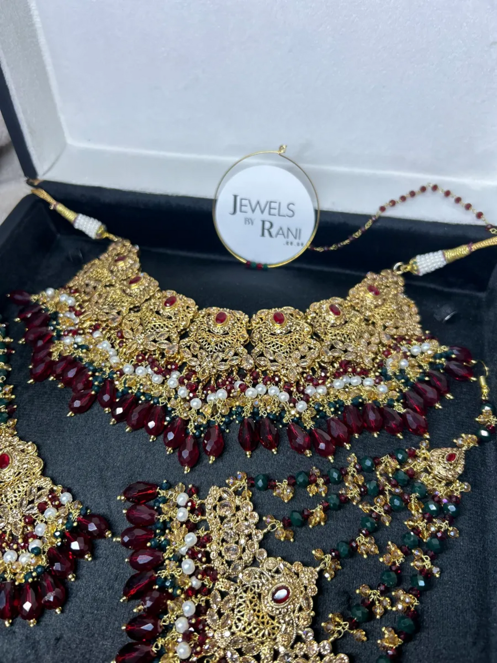 Maroon, Green, White & Gold 24 crt Gold Plated Bridal Jewellery Set - Jewelsbyrani