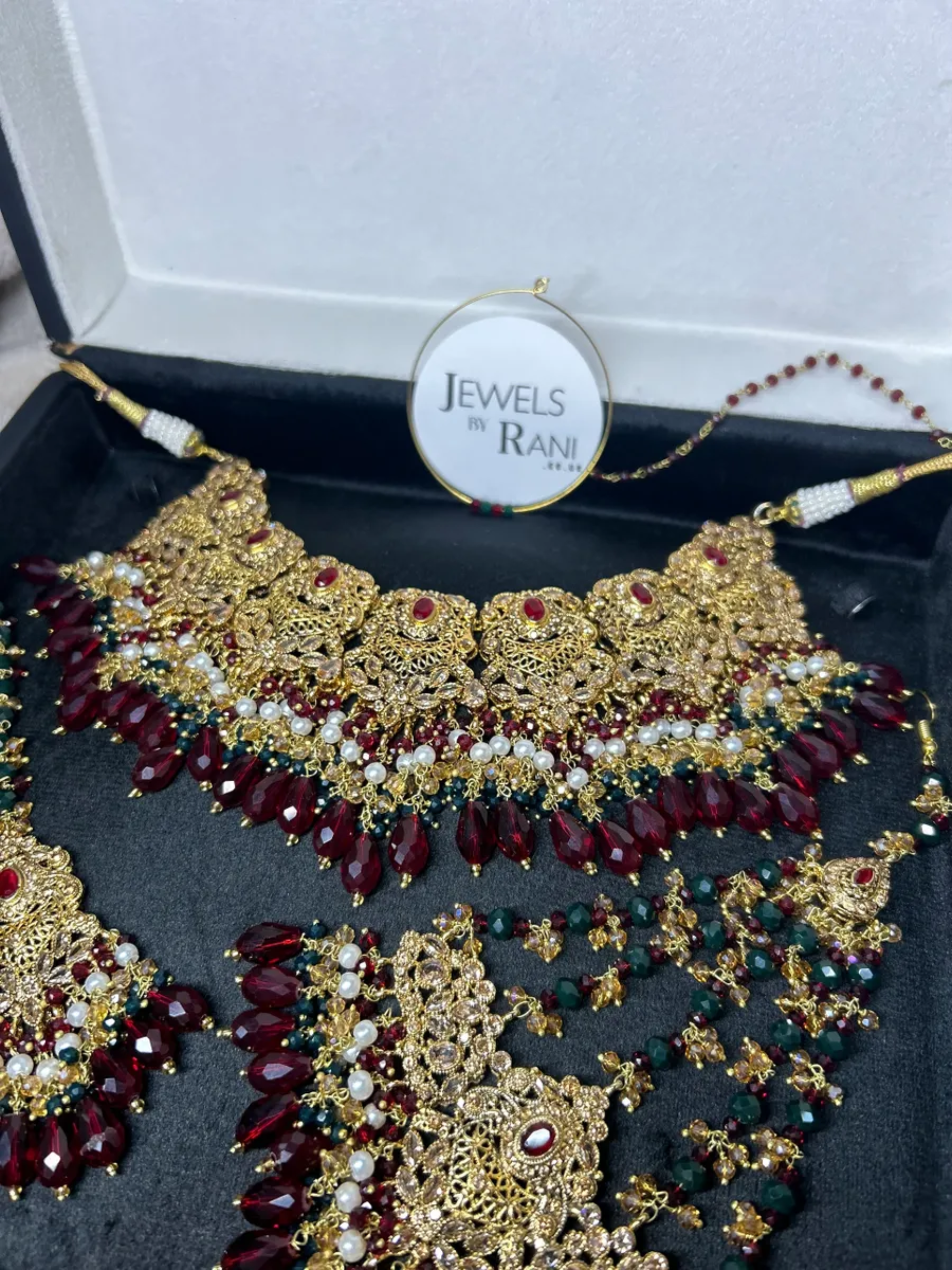 Maroon, Green, White & Gold 24 crt Gold Plated Bridal Jewellery Set