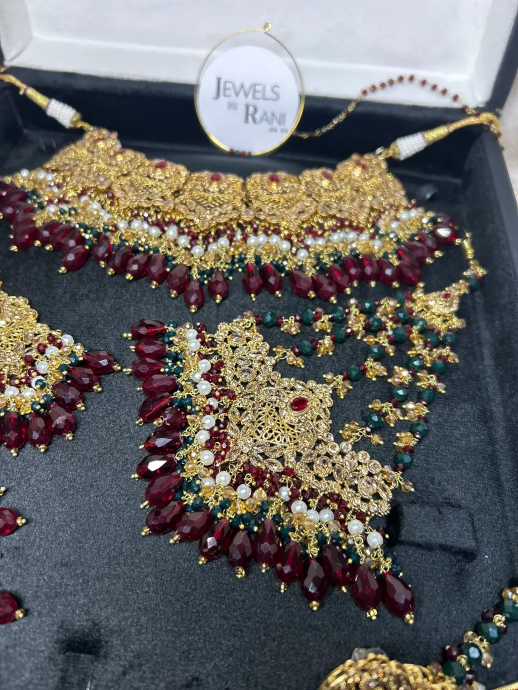 Maroon, Green, White & Gold 24 crt Gold Plated Bridal Jewellery Set - Jewelsbyrani