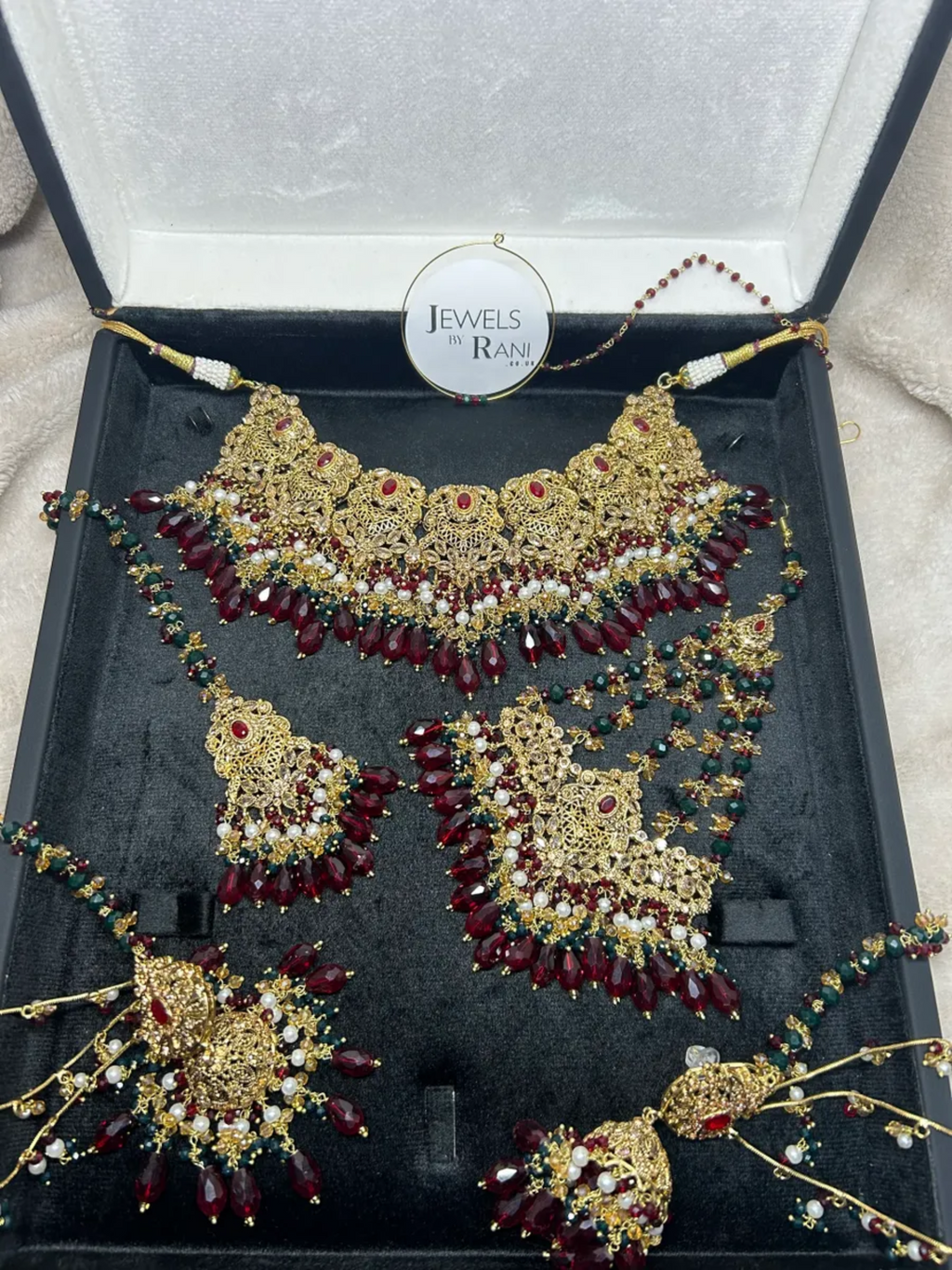Maroon, Green, White & Gold 24 crt Gold Plated Bridal Jewellery Set - Jewelsbyrani