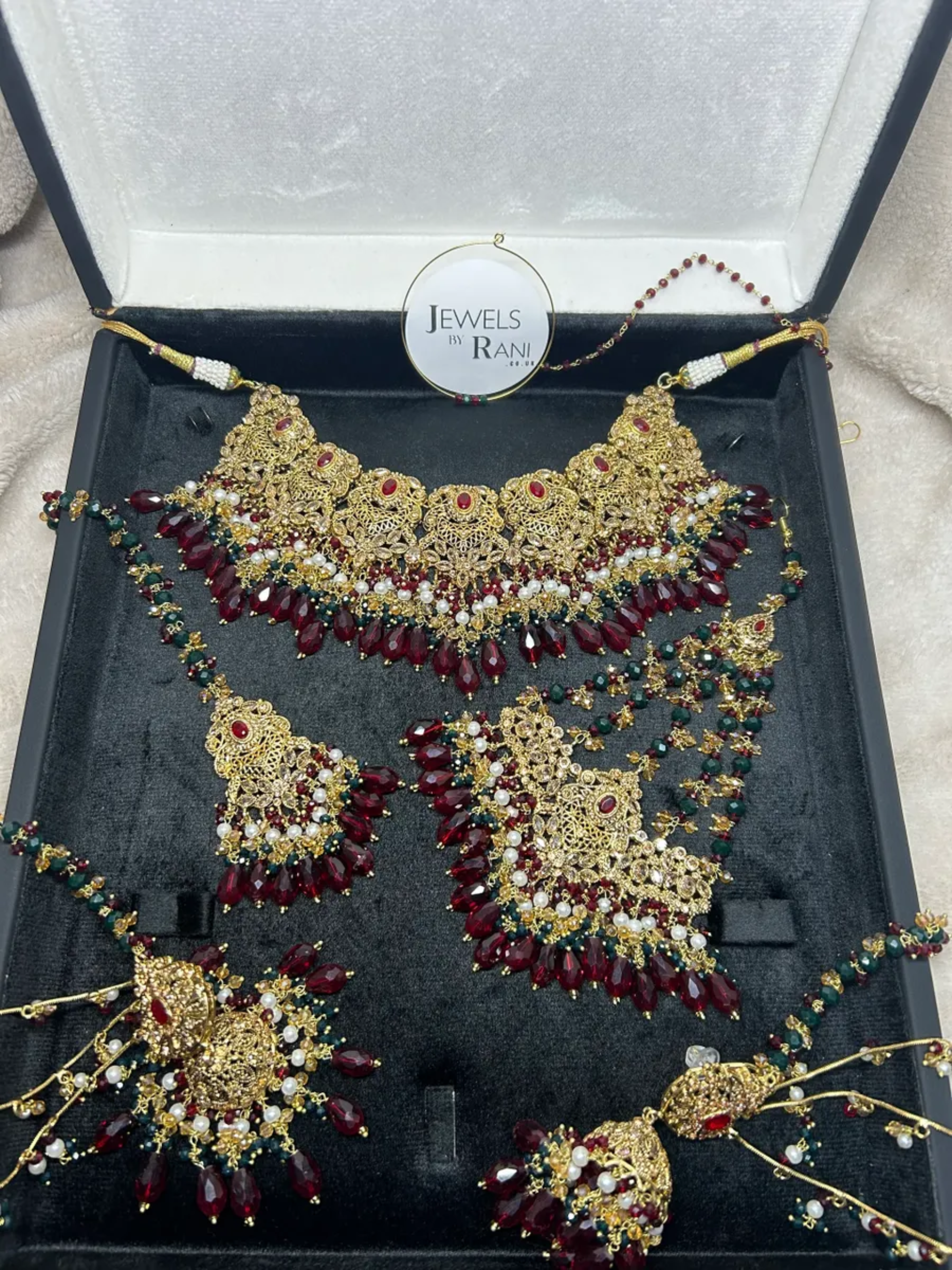 Maroon, Green, White & Gold 24 crt Gold Plated Bridal Jewellery Set