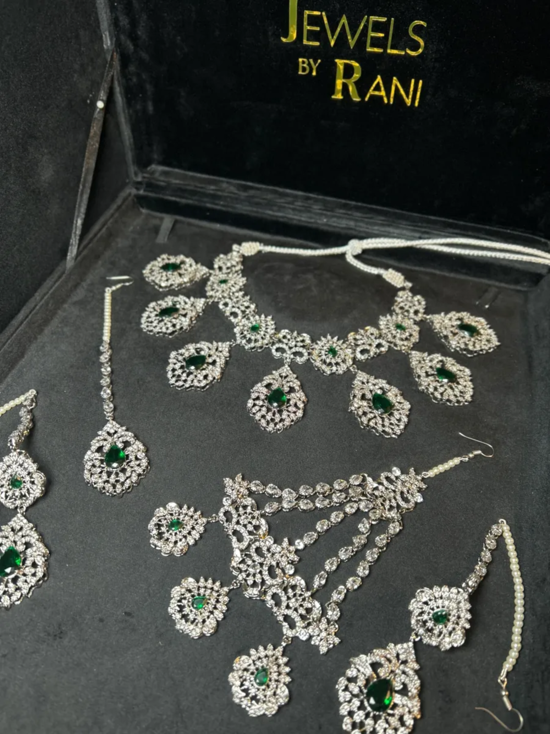 Silver & Green Silver Plated Bridal Jewellery Set - Jewelsbyrani
