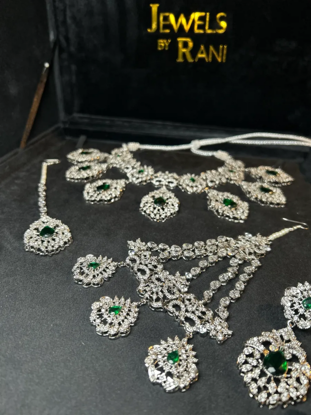 Silver & Green Silver Plated Bridal Jewellery Set - Jewelsbyrani