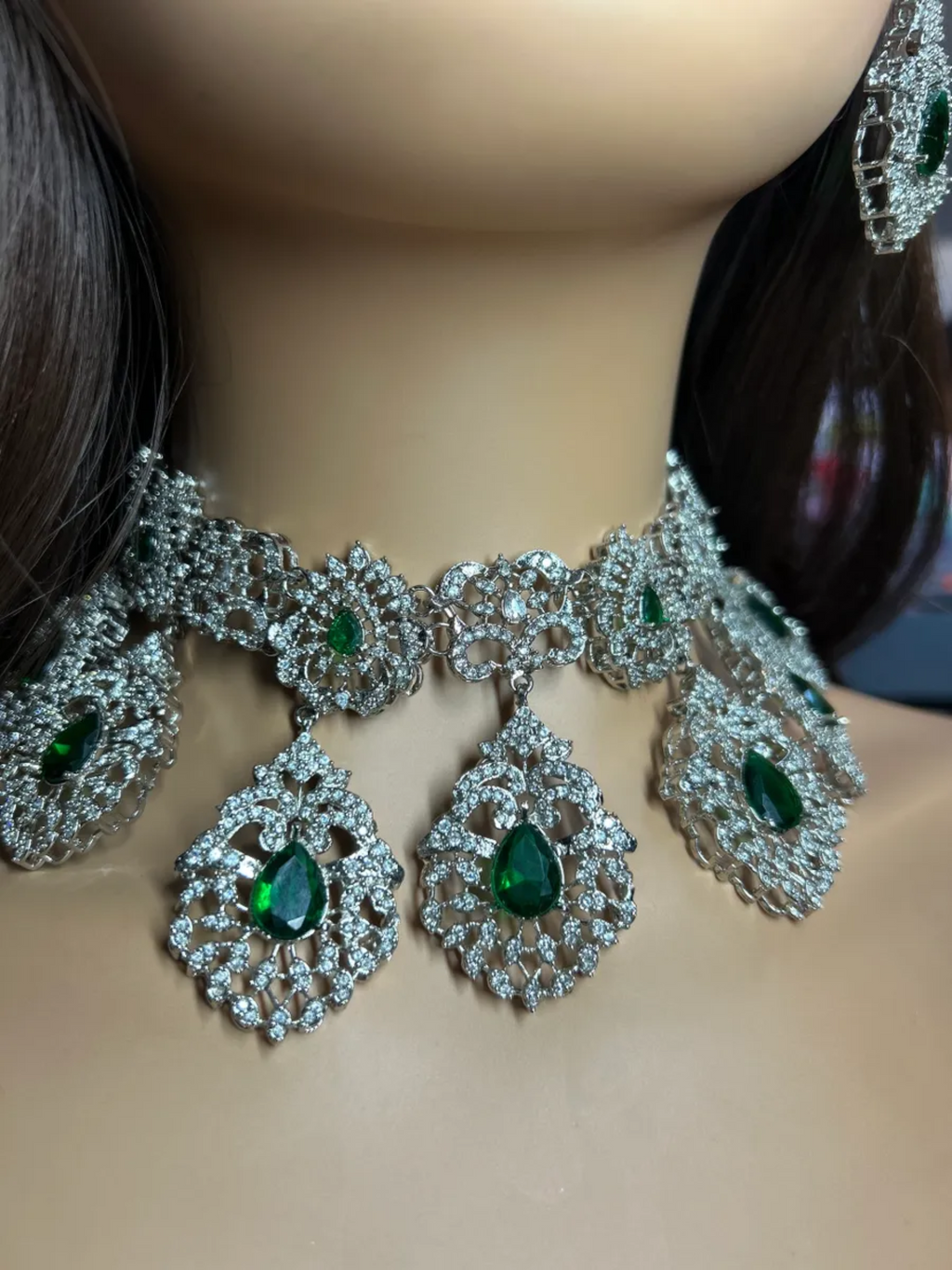 Silver & Green Silver Plated Bridal Jewellery Set - Jewelsbyrani