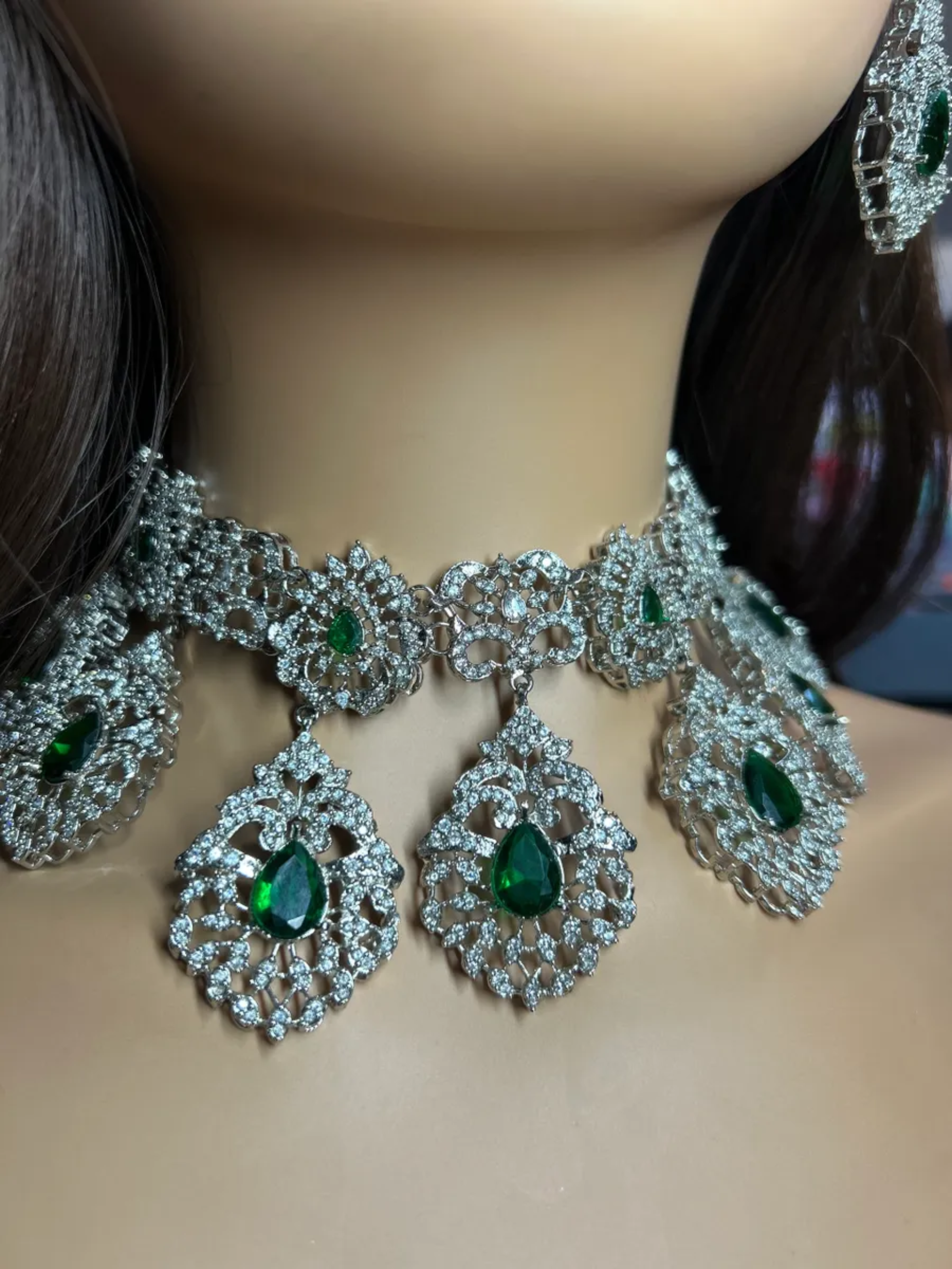 Silver & Green Silver Plated Bridal Jewellery Set