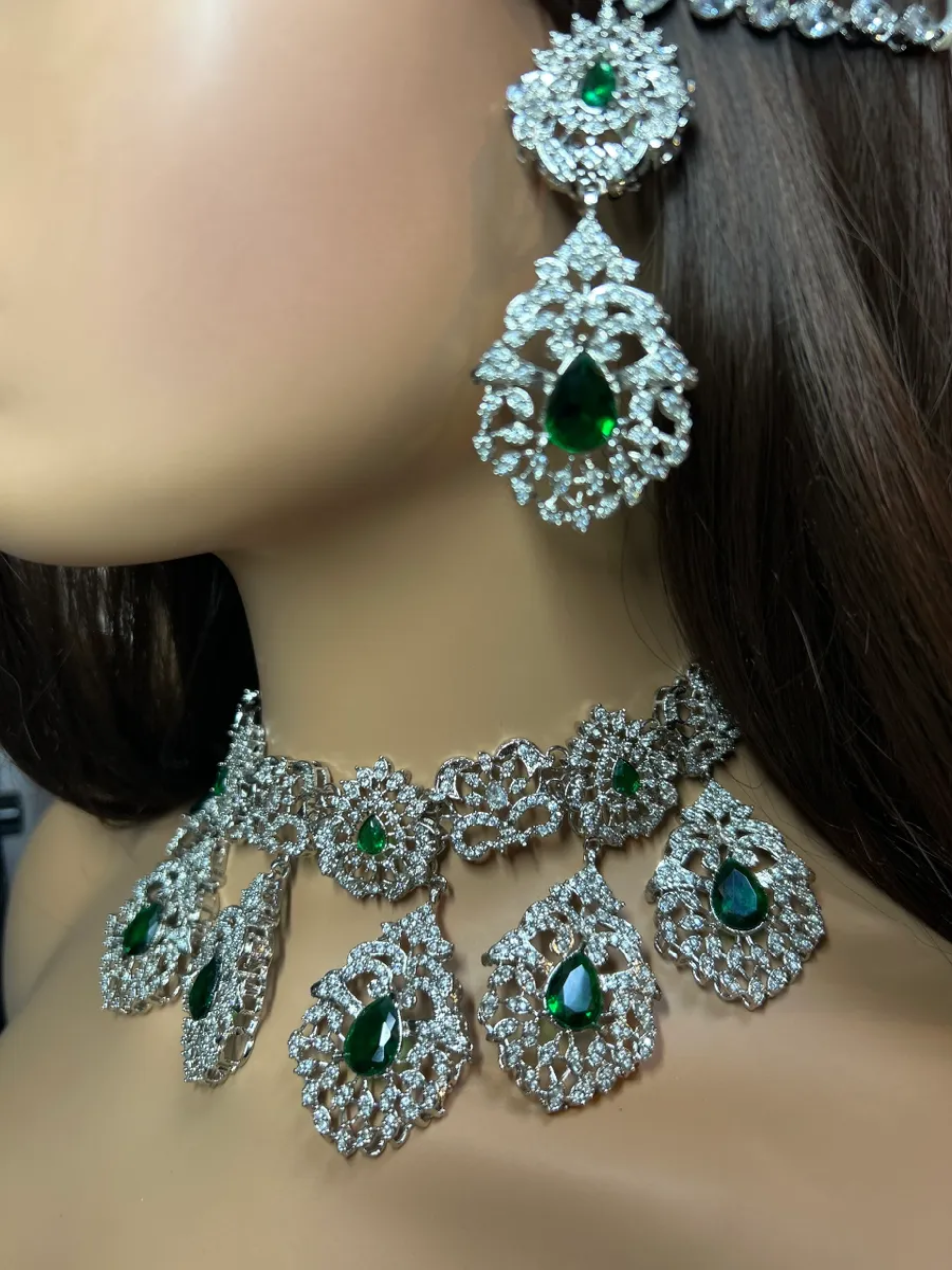 Silver & Green Silver Plated Bridal Jewellery Set
