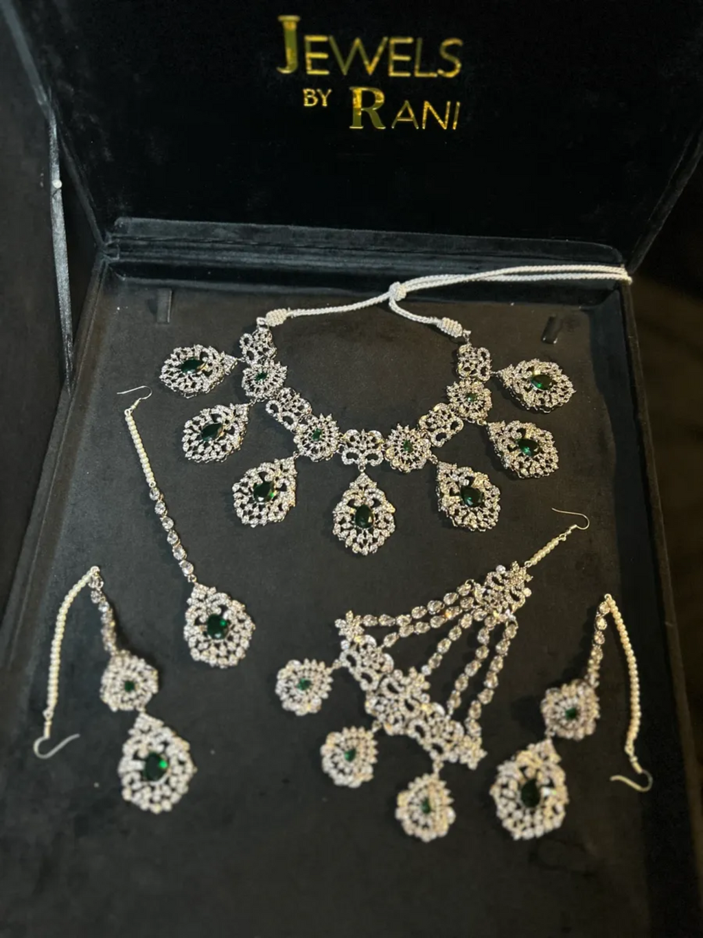 Silver & Green Silver Plated Bridal Jewellery Set - Jewelsbyrani