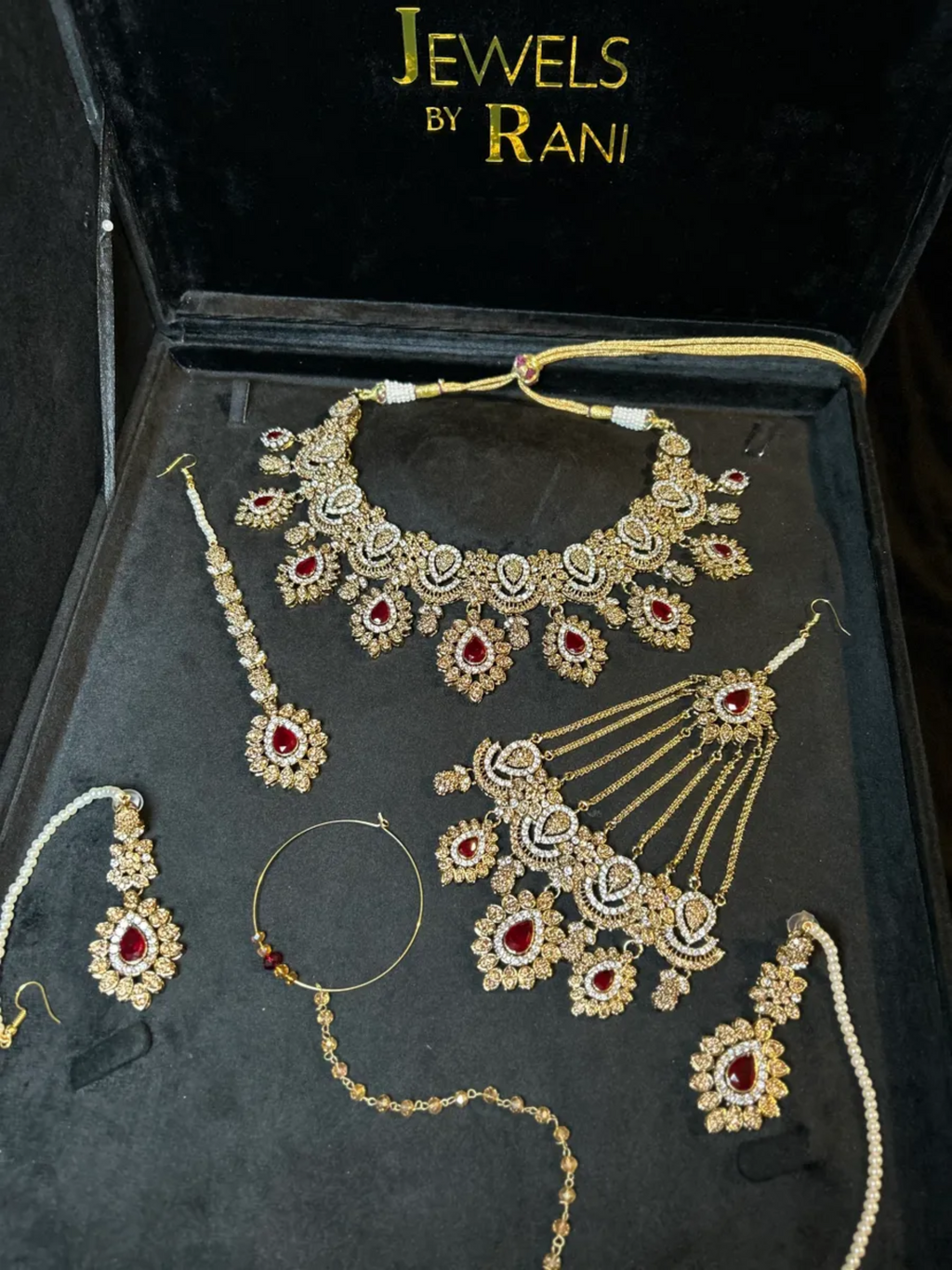 Maroon & Gold 24crt Elegant Gold Plated Bridal Set with Chained Jhumar - Jewelsbyrani
