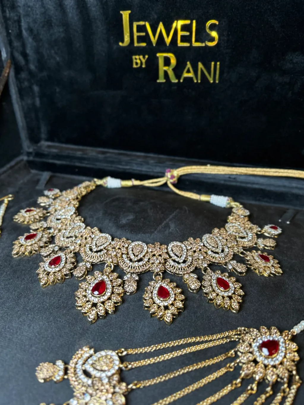 Maroon & Gold 24crt Elegant Gold Plated Bridal Set with Chained Jhumar - Jewelsbyrani