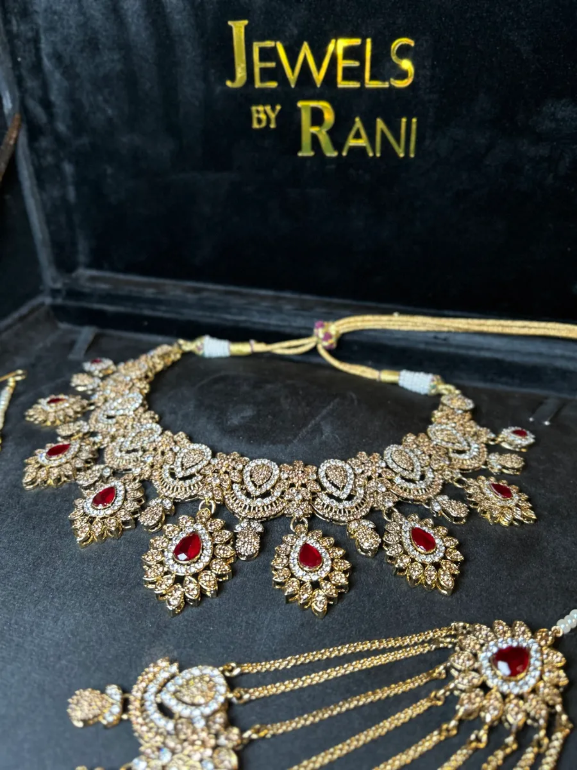 Maroon & Gold 24crt Elegant Gold Plated Bridal Set with Chained Jhumar