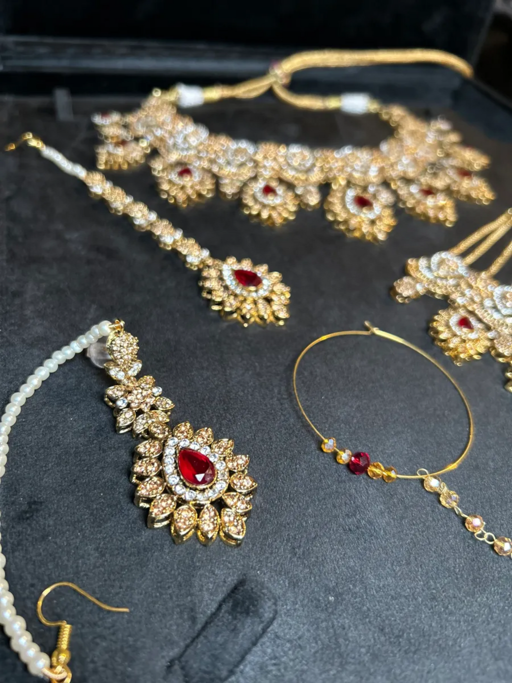 Maroon & Gold 24crt Elegant Gold Plated Bridal Set with Chained Jhumar - Jewelsbyrani