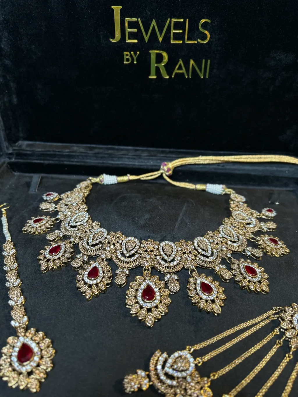 Maroon & Gold 24crt Elegant Gold Plated Bridal Set with Chained Jhumar - Jewelsbyrani